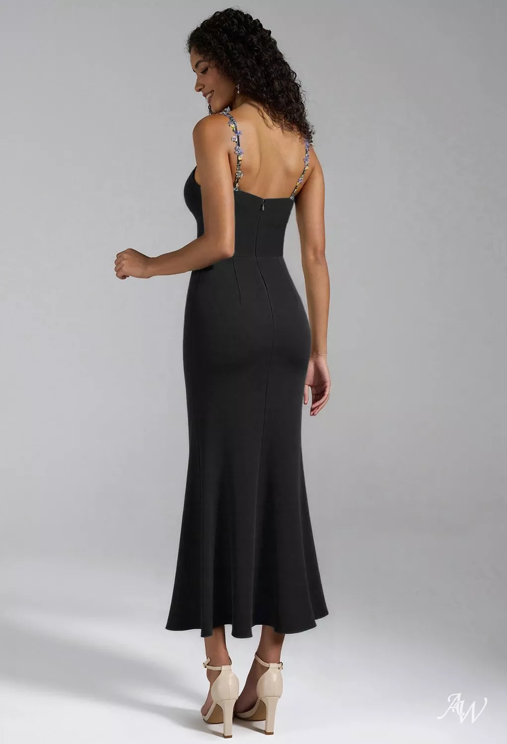 AW.Bridal Mermaid Sweetheart Neckline Tea Length Sleeveless Spaghetti Straps 3D Floral Embroidered Wedding Guest Dresses Dress Black Size 16