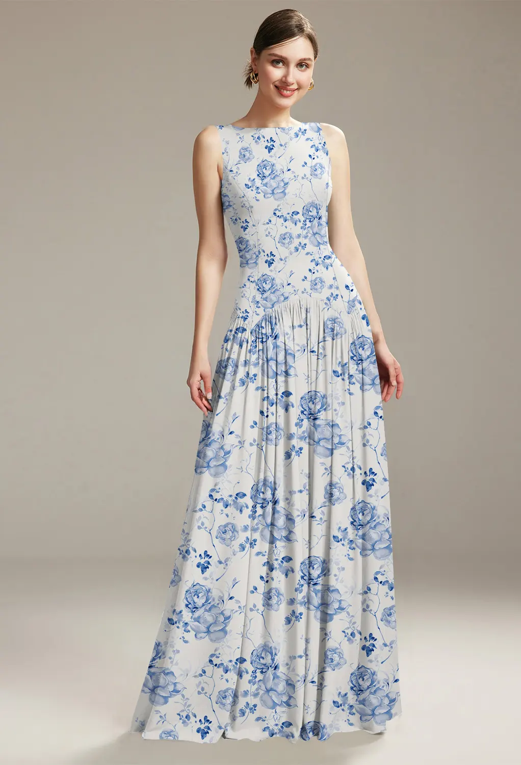blue patterned wedding guest dress Casual Spaghetti Straps Long Floral Blue Wedding Guest Dress
