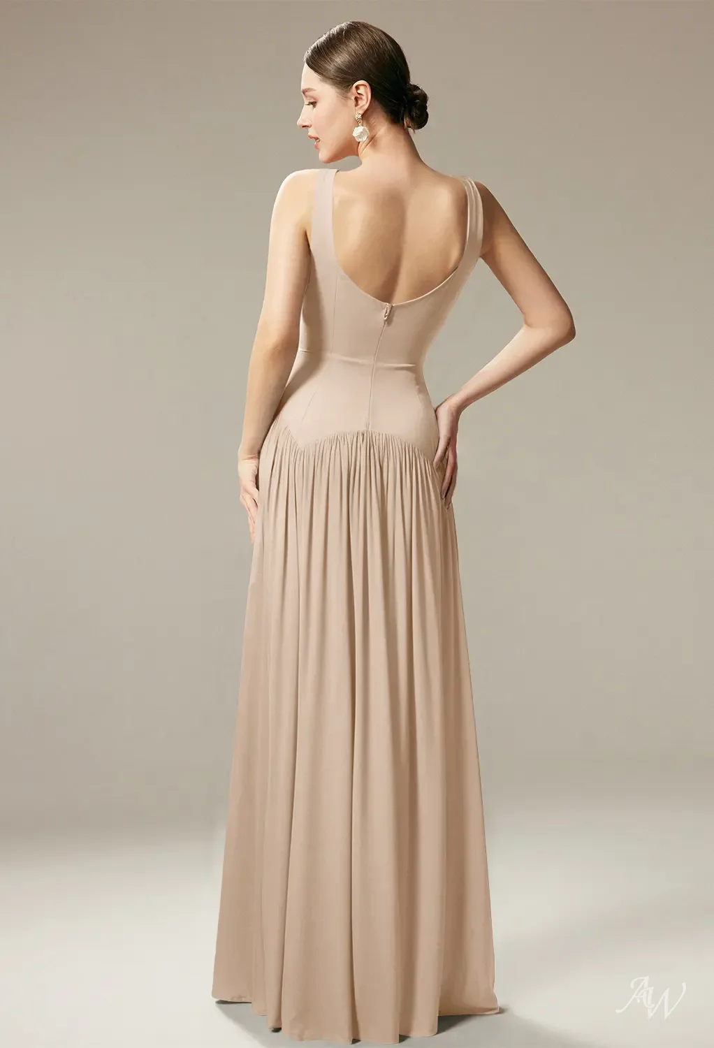champagne a line dress A-Line One Shoulder Champagne Slit Long Bridesmaid Dress – FancyVestido main image 0