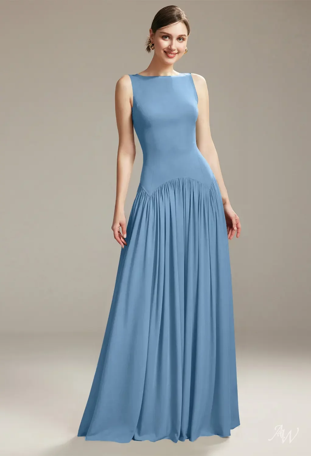 AW.Bridal A-Line Bateau Neckline Floor Length Sleeveless Pleat Drop Waist Wedding Guest Dresses Dress Dusty Blue Size 18