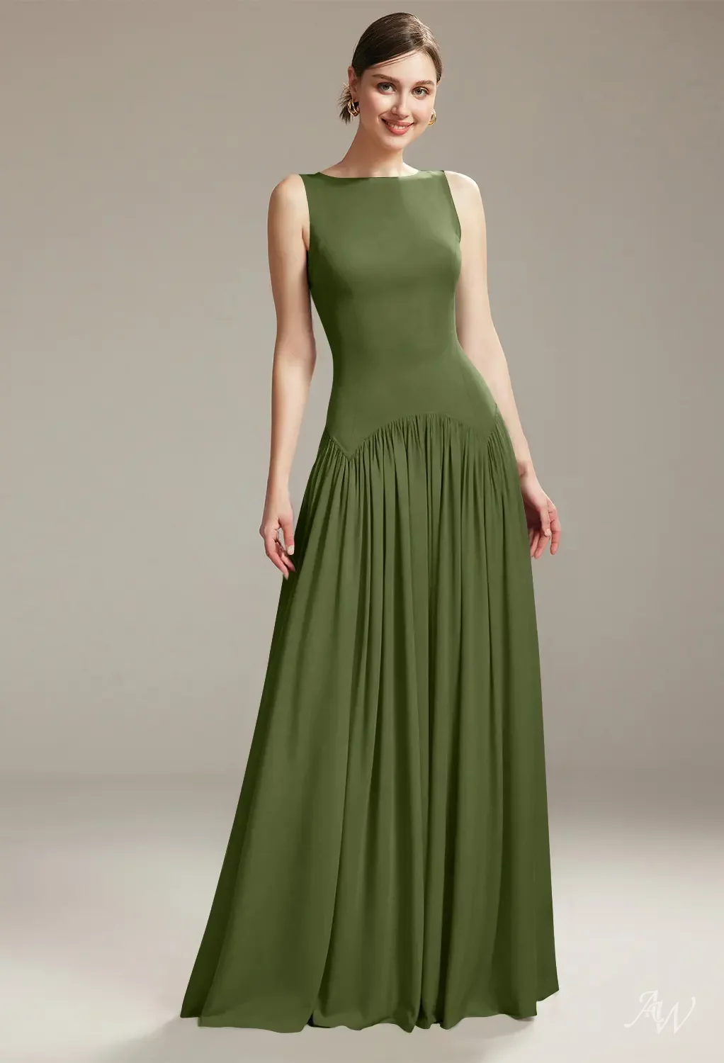 AW.Bridal A-line Sweetheart Neckline Floor Length Short Sleeves Satin Long Bridesmaid Dresses Dress Green Olive Size 8