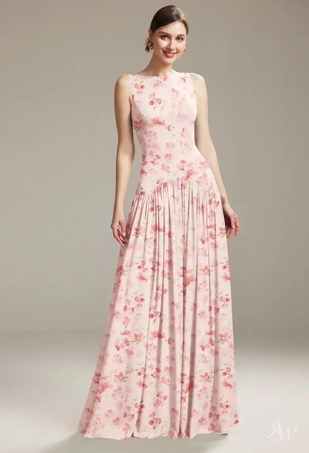 AW.Bridal A-Line Bateau Neckline Floor Length Sleeveless Pleat Drop Waist Floral Wedding Guest Dresses Floral Dress Peach Blossom Breeze Size 4
