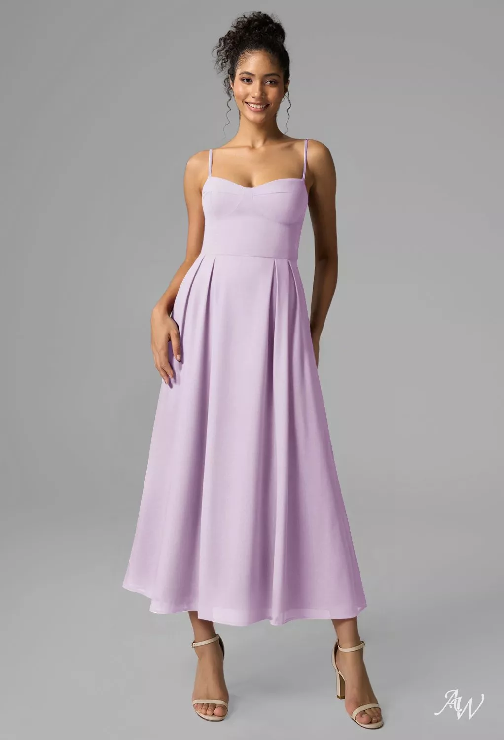 lilac tea length bridesmaid dresses AW.Bridal A-line Sweetheart Neckline Sleeveless Spaghetti Straps Wedding Guest Dress Size 8 elegant lavender bridesmaid dresses