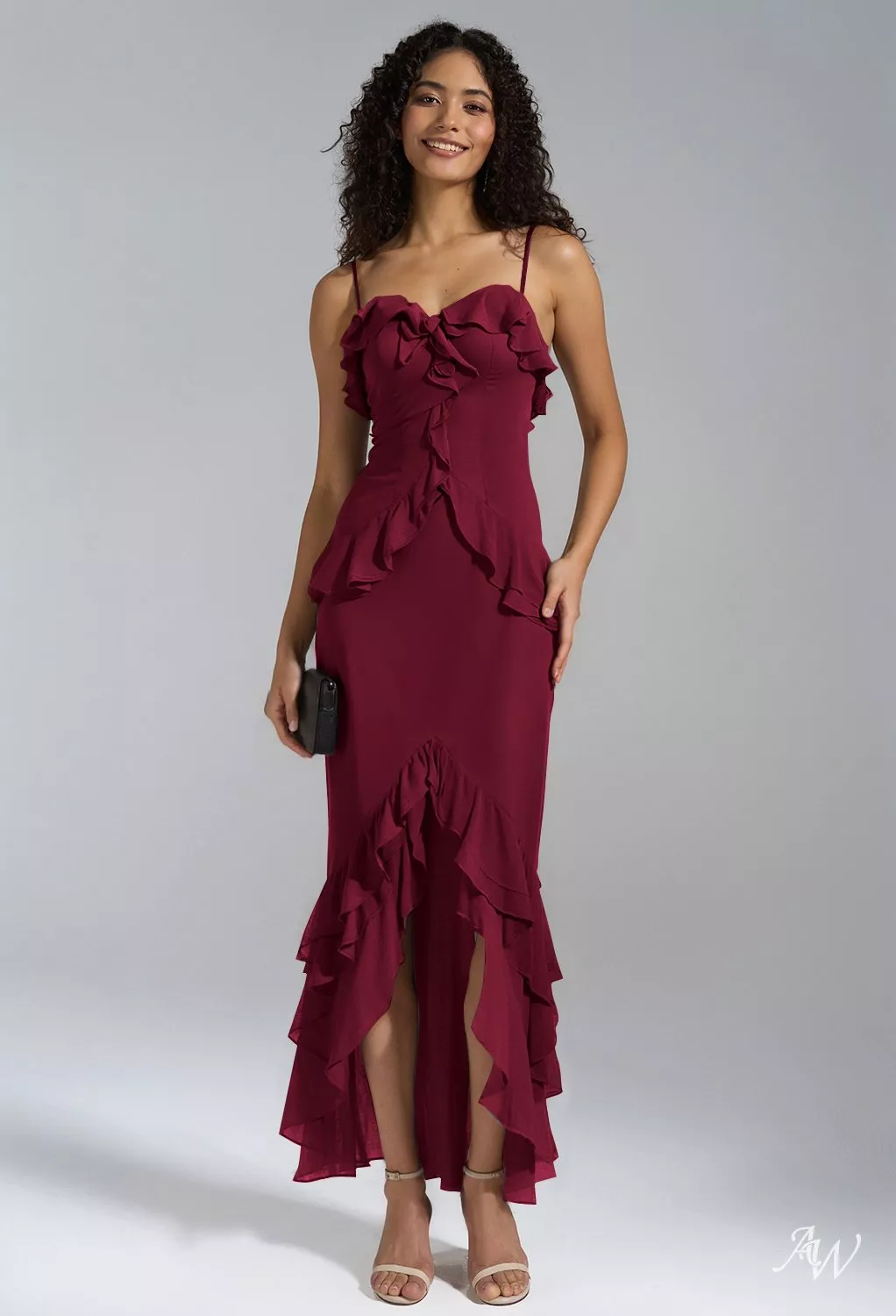 AW.Bridal Mermaid Sweetheart Neckline Ankle Length Sleeveless Spaghetti Straps Chiffon Ruffles Long Bridesmaid Dresses Burgundy Size 8