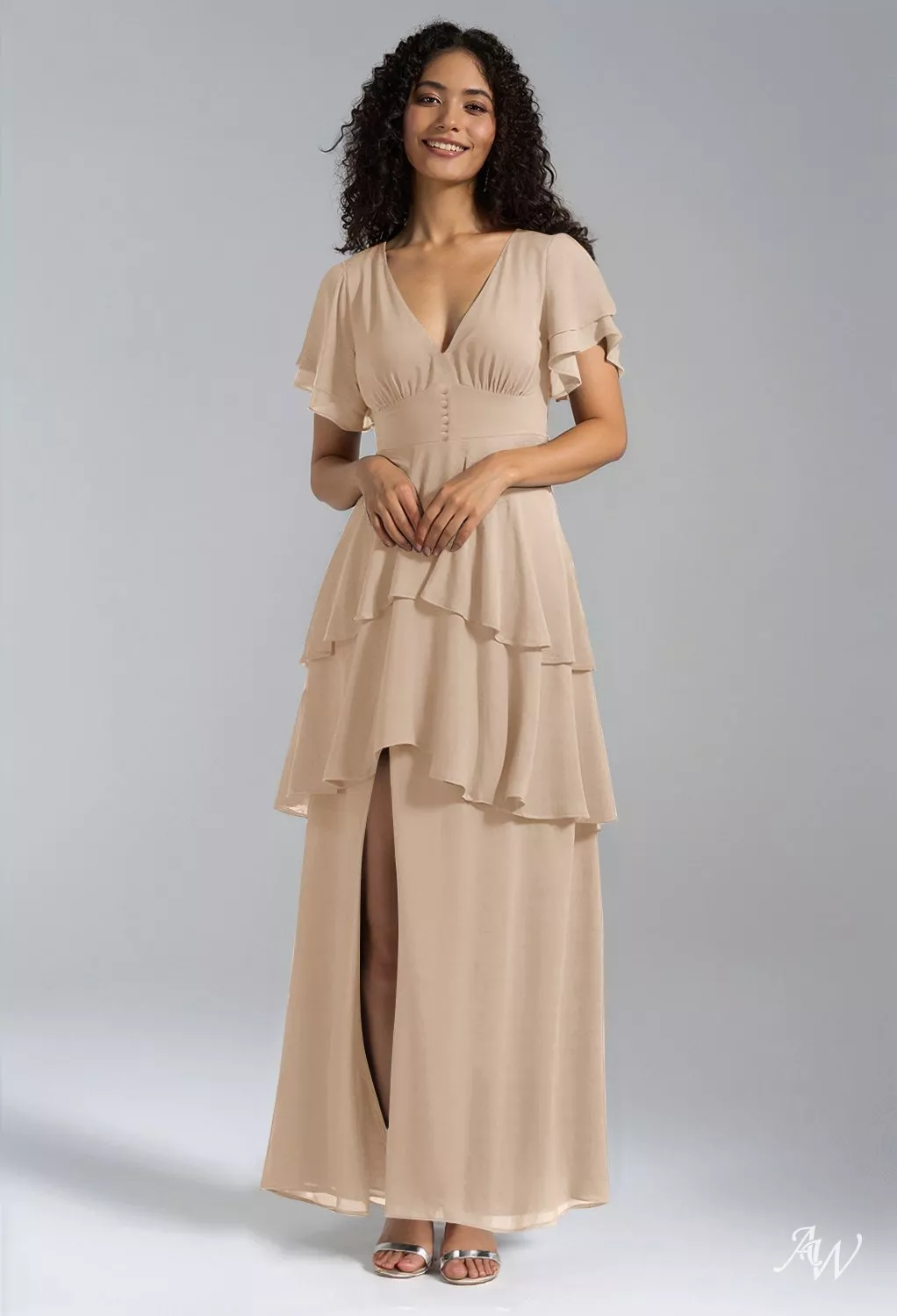 tiffany bridesmaid dresses AW.Bridal A-line V-Neck Floor Length Short Sleeves Ruffles Split Tiered Wedding Guest Dress Champagne Size 6 Primavera and Petite figures alike Maroon Hand-Beaded Handspun Cotton Cloth Size:S