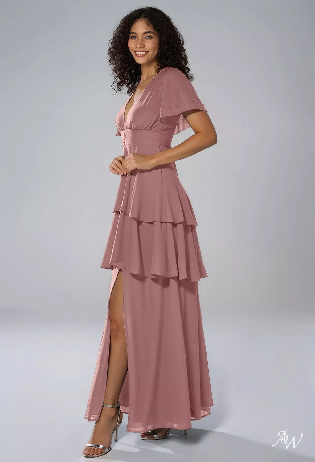AW.Bridal A-line V-Neck Floor Length Short Sleeves Ruffles Split Tiered Wedding Guest Dresses Dress Dusty Rose Size 8