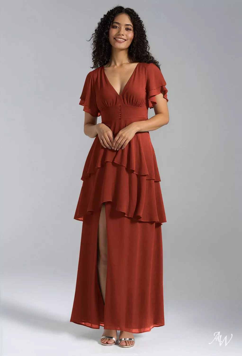 AW.Bridal A-line V-Neck Floor Length Short Sleeves Ruffles Split Tiered Wedding Guest Dresses Dress Rust Size 4