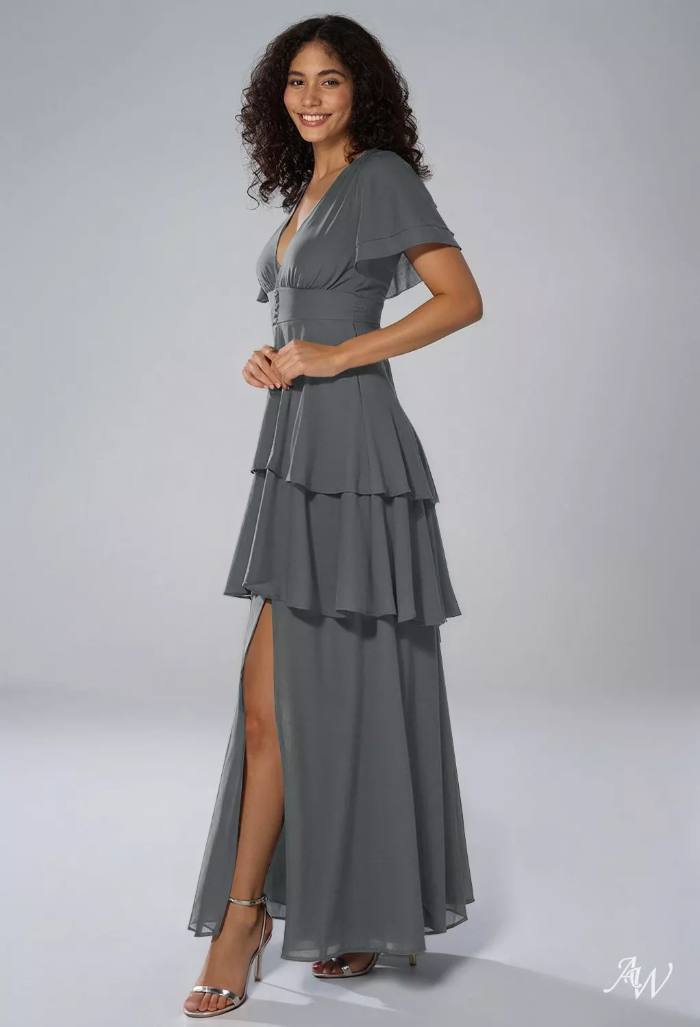 tiffany & grey dresses AW.Bridal A-line V-Neck Floor Length Short Sleeves Ruffles Split Tiered Wedding Guest Dress Steel Gray Size 8 maxi sweater dress