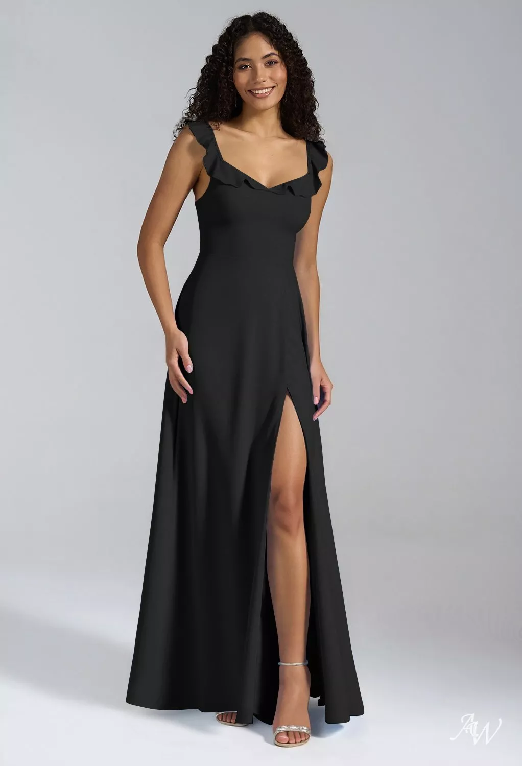 black spaghetti strap bridesmaid dress Black Spaghetti Straps Mermaid Satin Long Bridesmaid Dress with Slit Black / US 16 main image 0