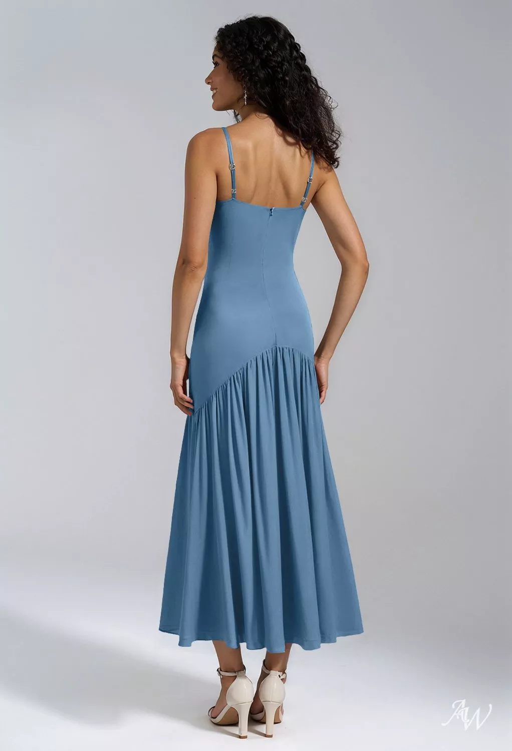 AW Mariyah Dress, Light Dusty Blue Chiffon Tea Length Scoop/U-Neck ...