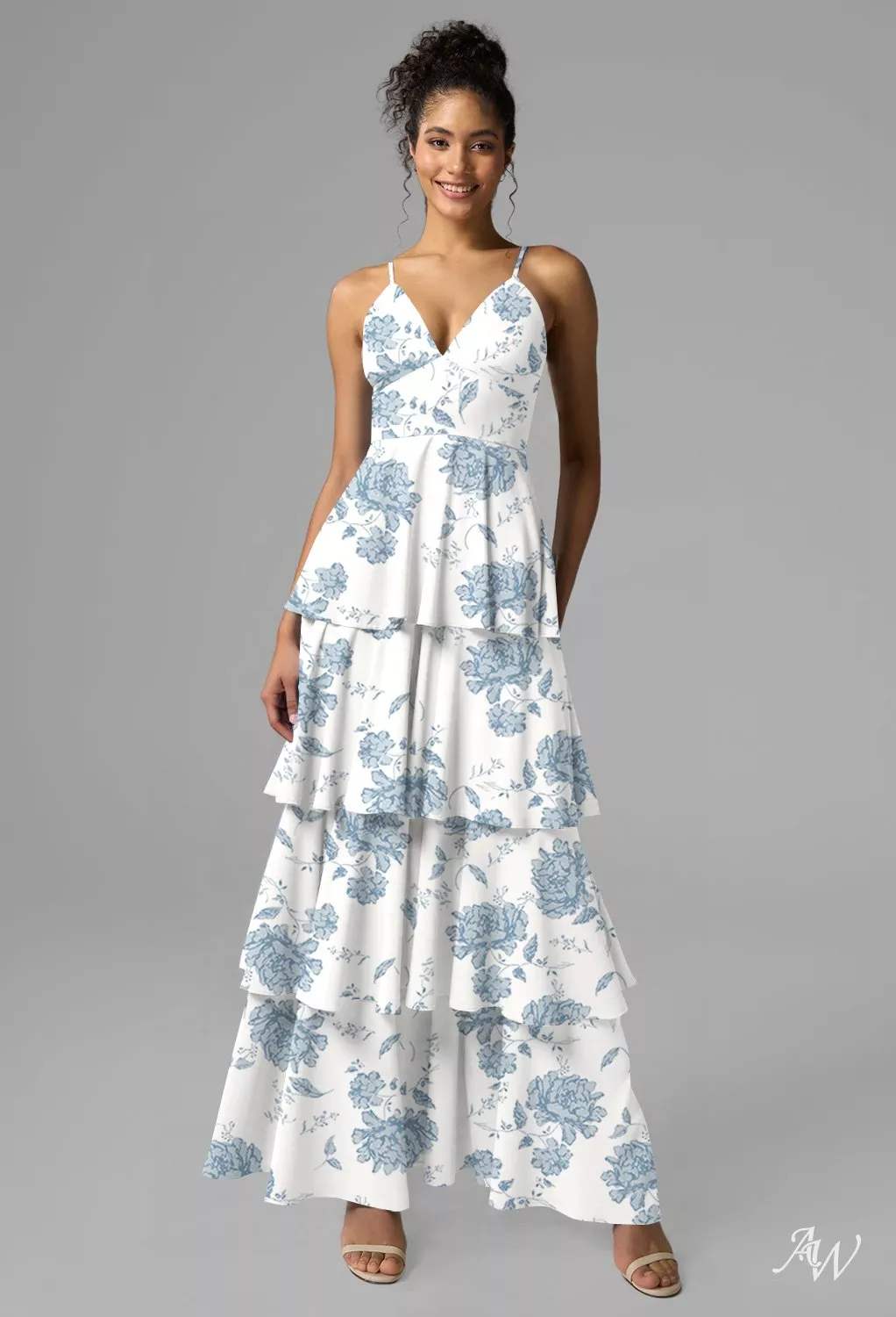 AW.Bridal A-line V-Neck Sleeveless Spaghetti Straps Satin Ruffles Tiered Floral Wedding Guest Dresses Floral Dress Dusty Blue Peonies Size 6