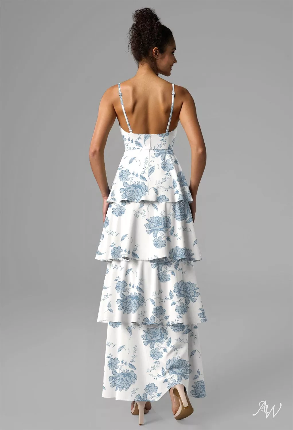 AW.Bridal A-line V-Neck Sleeveless Spaghetti Straps Satin Ruffles Tiered Floral Wedding Guest Dresses Floral Dress Dusty Blue Peonies Size 6
