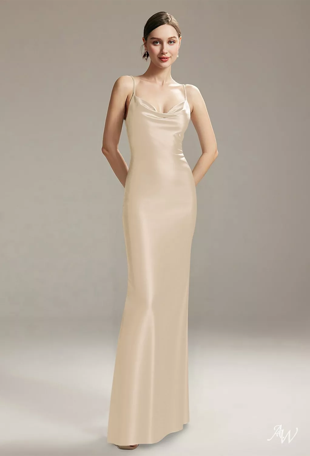 AW.Bridal Mermaid Cowl Neckline Floor Length Sleeveless Spaghetti Straps Satin Long Bridesmaid Dresses Dress Champagne Size 18