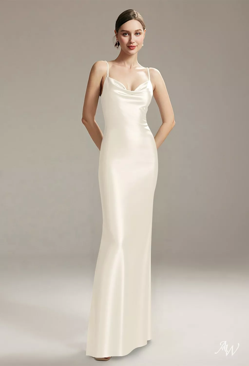 ivory silk bridesmaid dresses AW.Bridal Mermaid Cowl Neckline Floor Length Sleeveless Spaghetti Straps Satin Long Dress Size 6 Size:(US 16-18)XL Ideal for bridesmaids and Fabric:TULLE off the shoulder long