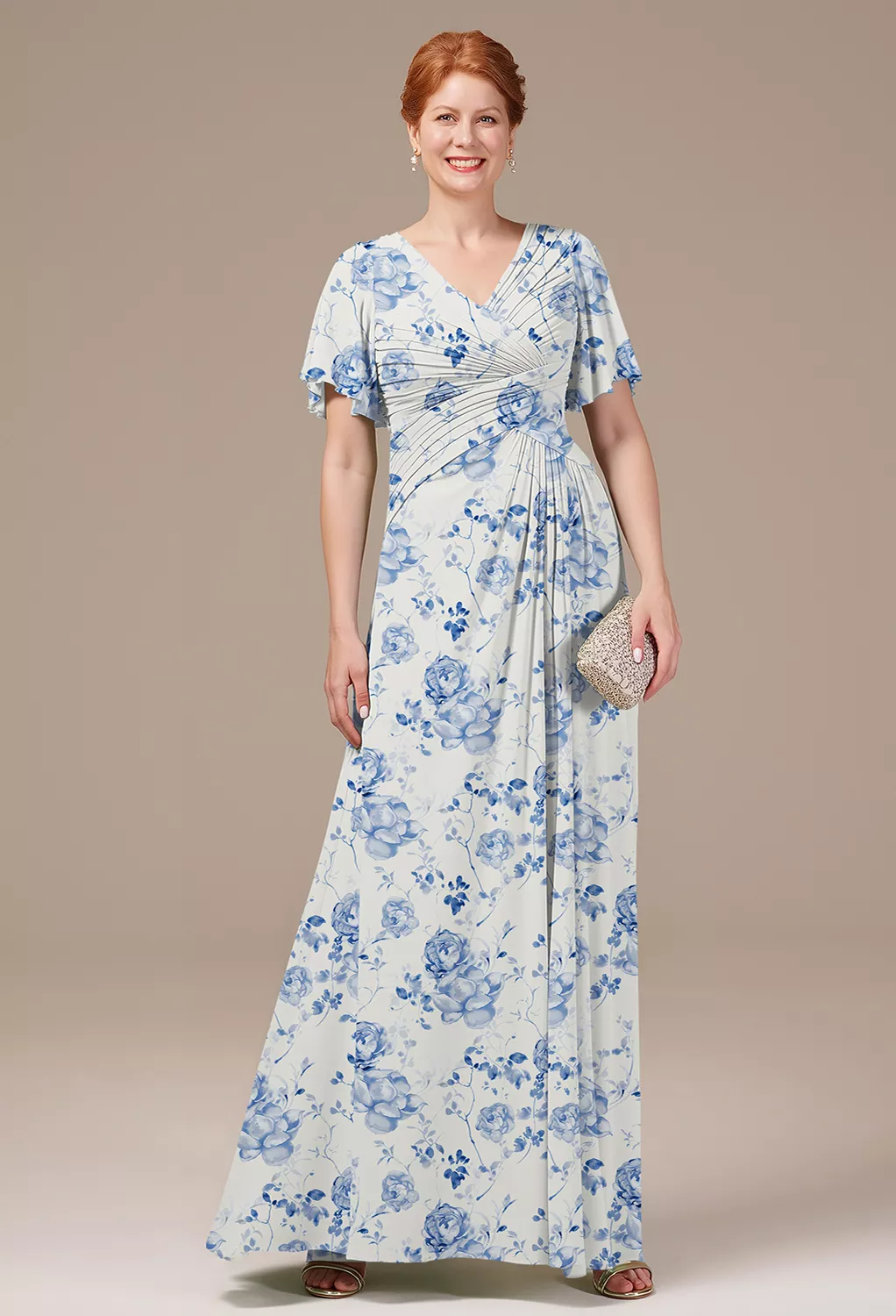 blue floral mother of groom dress Zapakasa Women Blue Floral Long Mother of the Bride Dress Short Sleeves  Illusion Round Neck Appliqued A Line Formal Dress