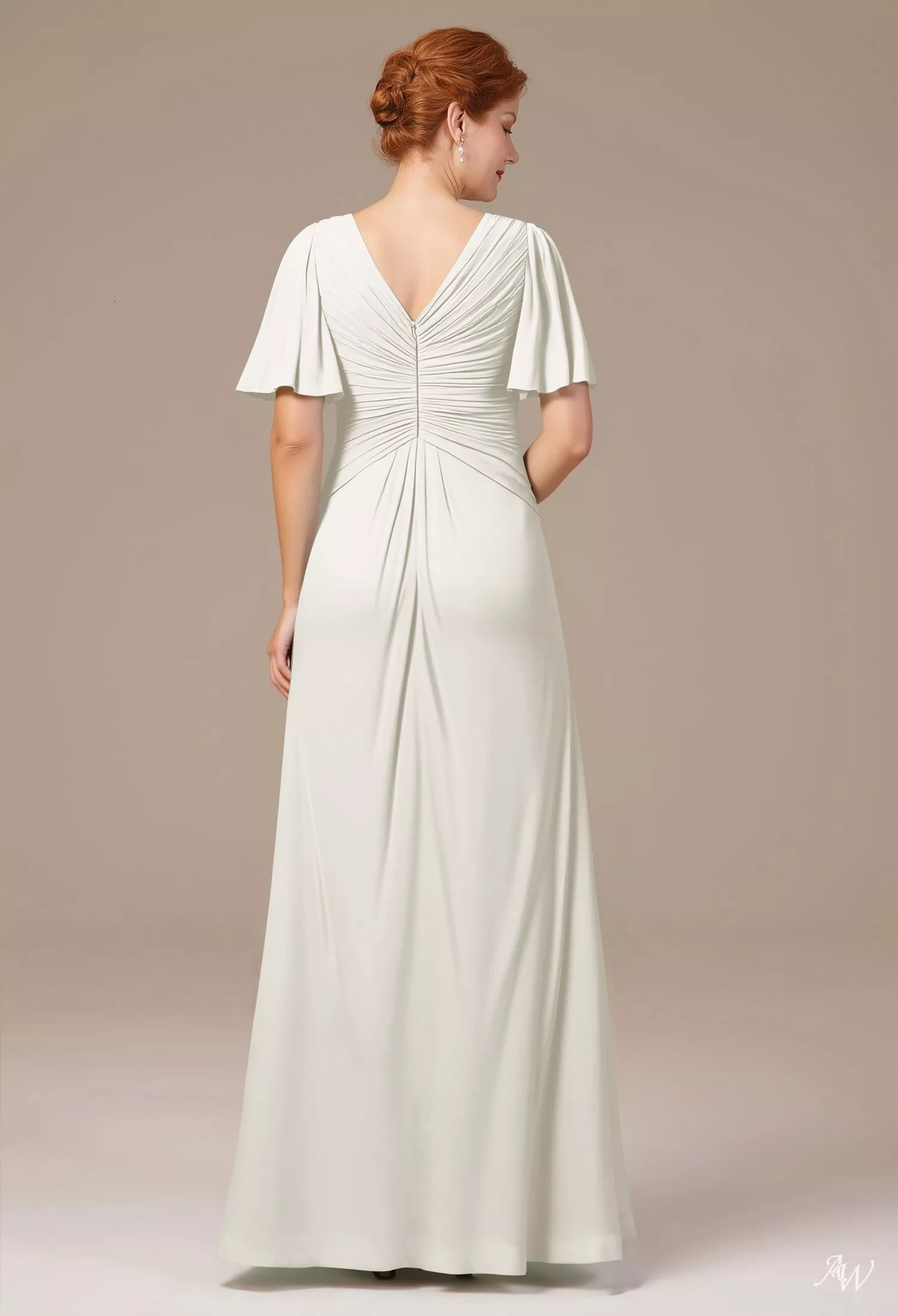 AW.Bridal A-line V-Neck Floor Length Short Sleeves Ruching Mother of the Bride Dresses Dress Ivory Size 8