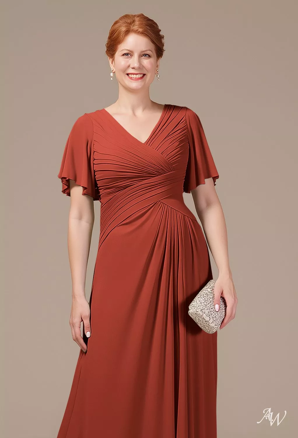 AW.Bridal A-line V-Neck Floor Length Short Sleeves Ruching Mother of the Bride Dresses Dress Rust Size 18