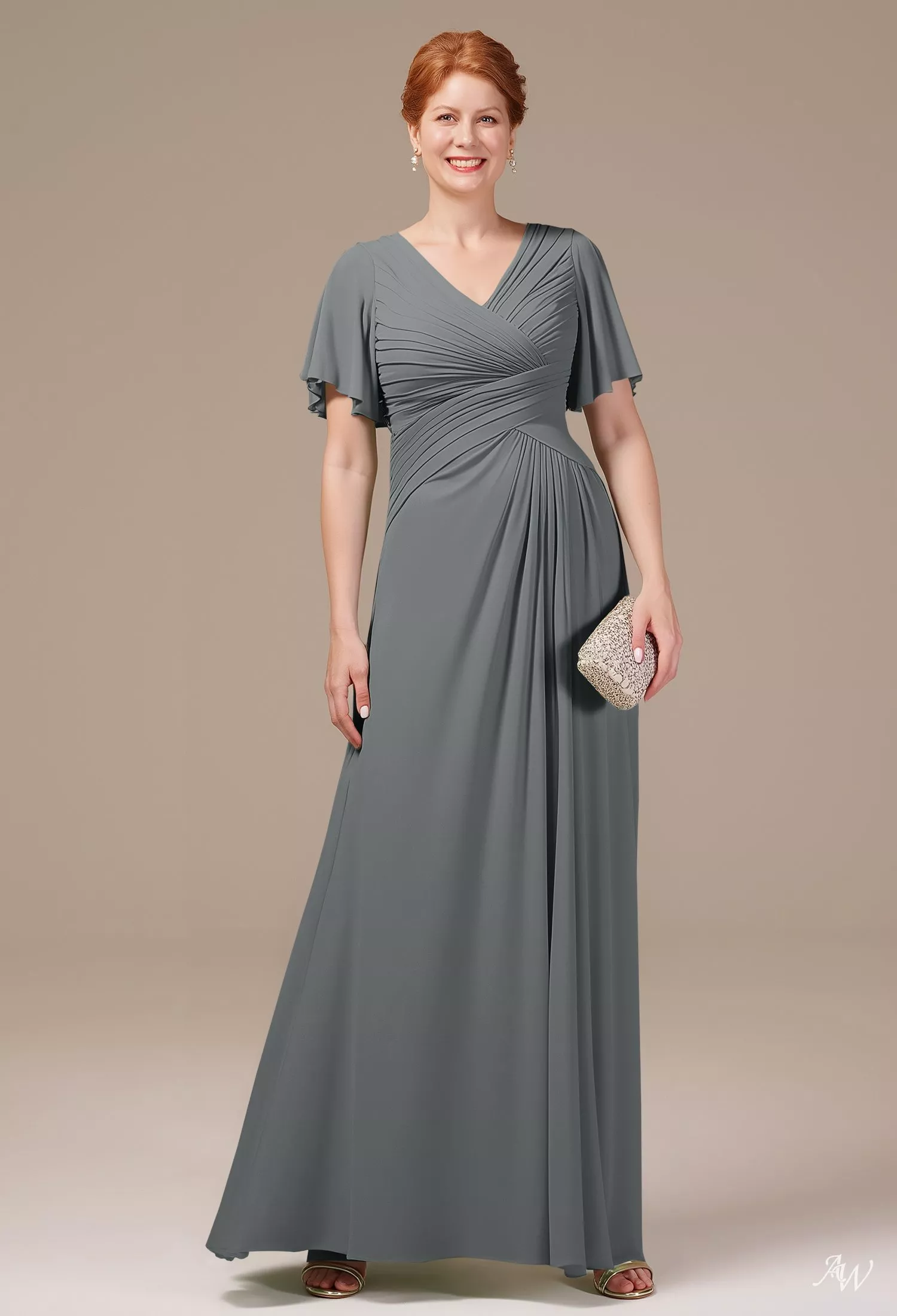 AW.Bridal A-line V-Neck Floor Length Short Sleeves Ruching Mother of the Bride Dresses Dress Steel Gray Size 18