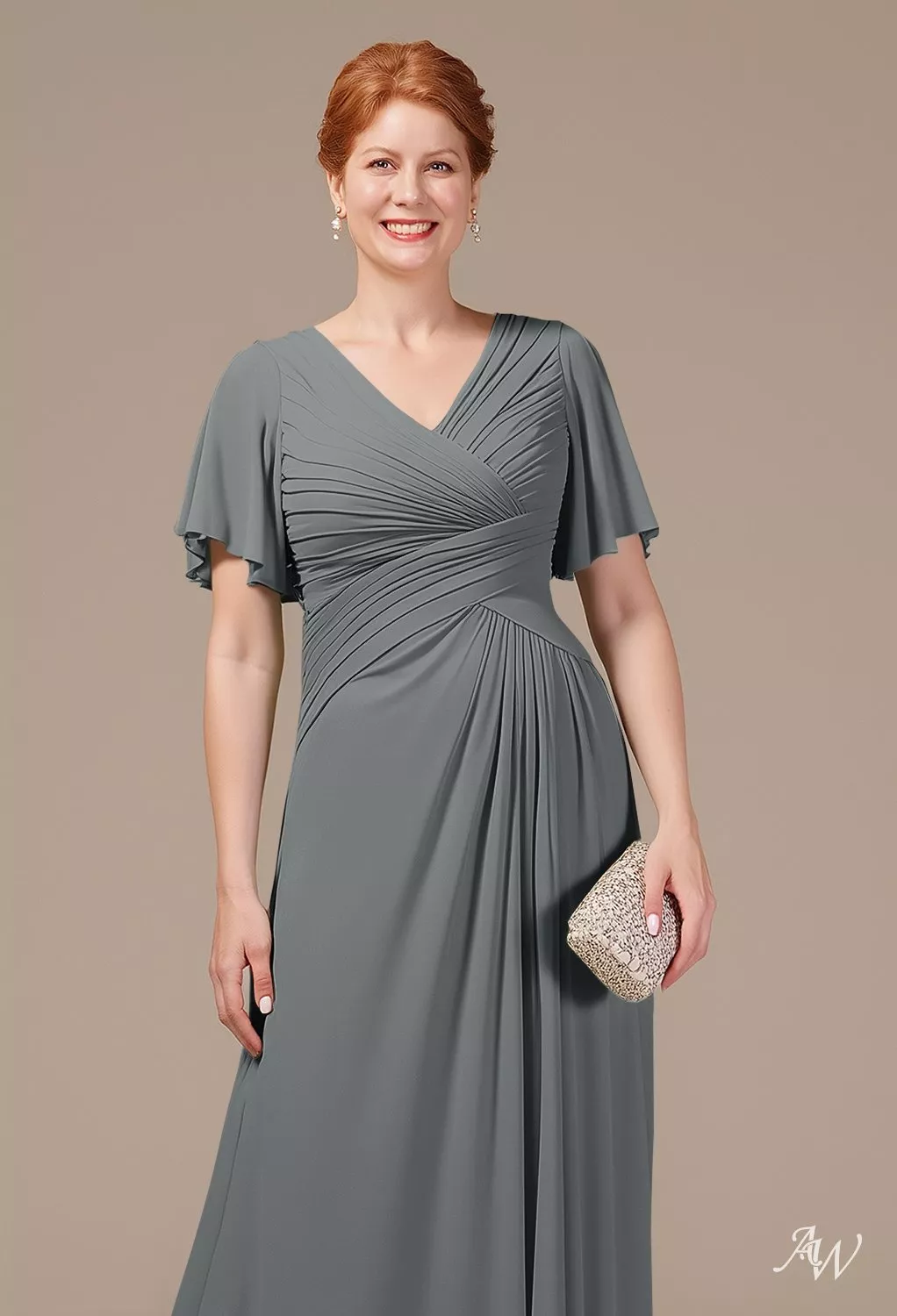 AW.Bridal A-line V-Neck Floor Length Short Sleeves Ruching Mother of the Bride Dresses Dress Steel Gray Size 18