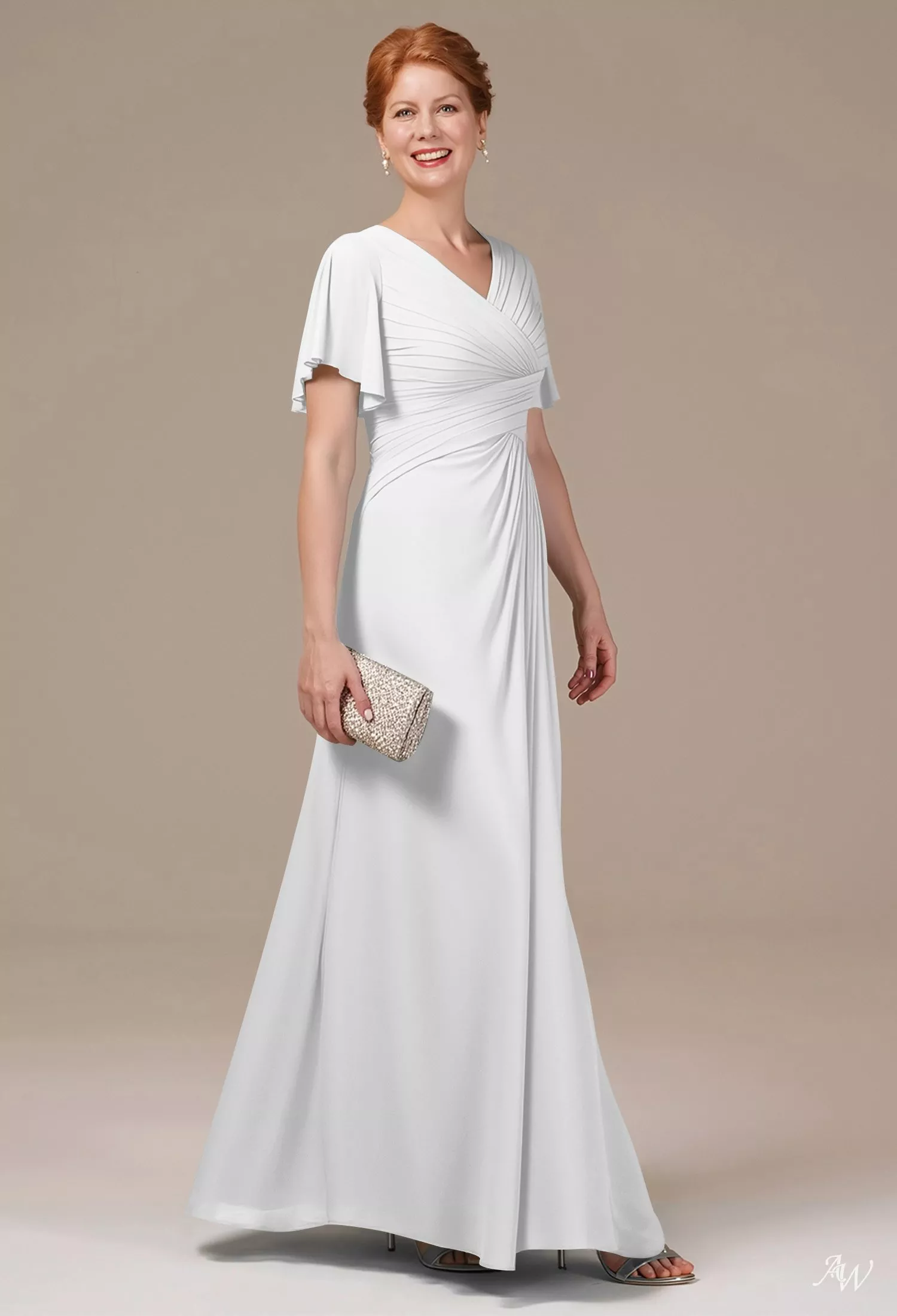 AW.Bridal A-line V-Neck Floor Length Short Sleeves Ruching Mother of the Bride Dresses Dress White Size 8
