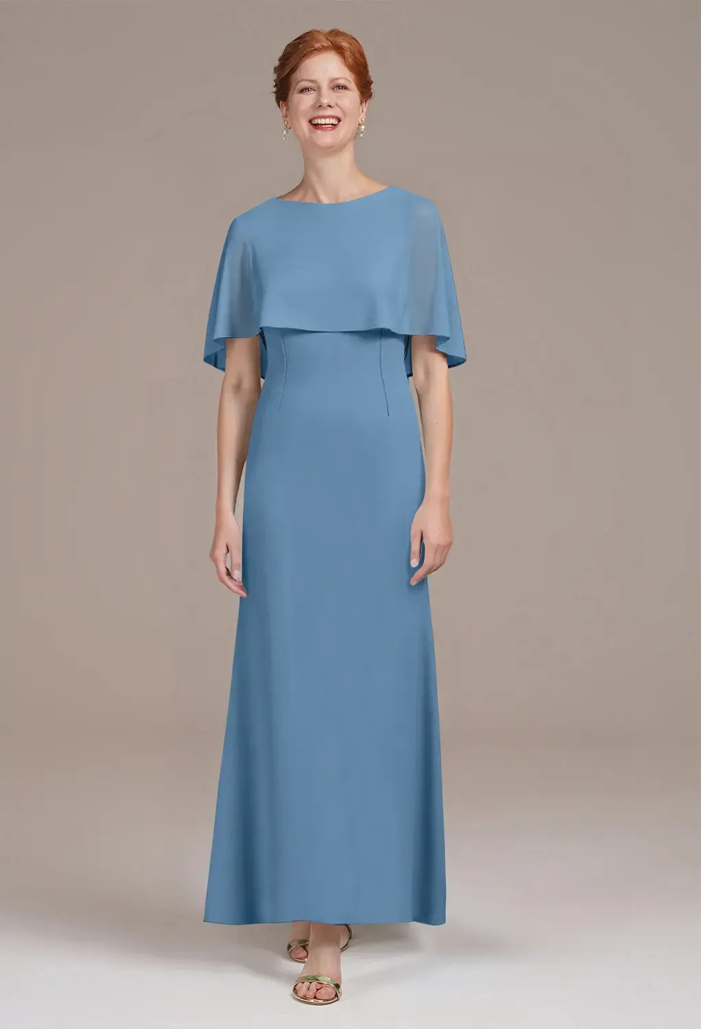 dusty blue mother of the groom dress BABARONI Chiffon and Lace Bride Short with Long Sleeves and Ruffle Skirt this mother of the bridal dress features a mock two Dusty Blue Scoop Neck Short