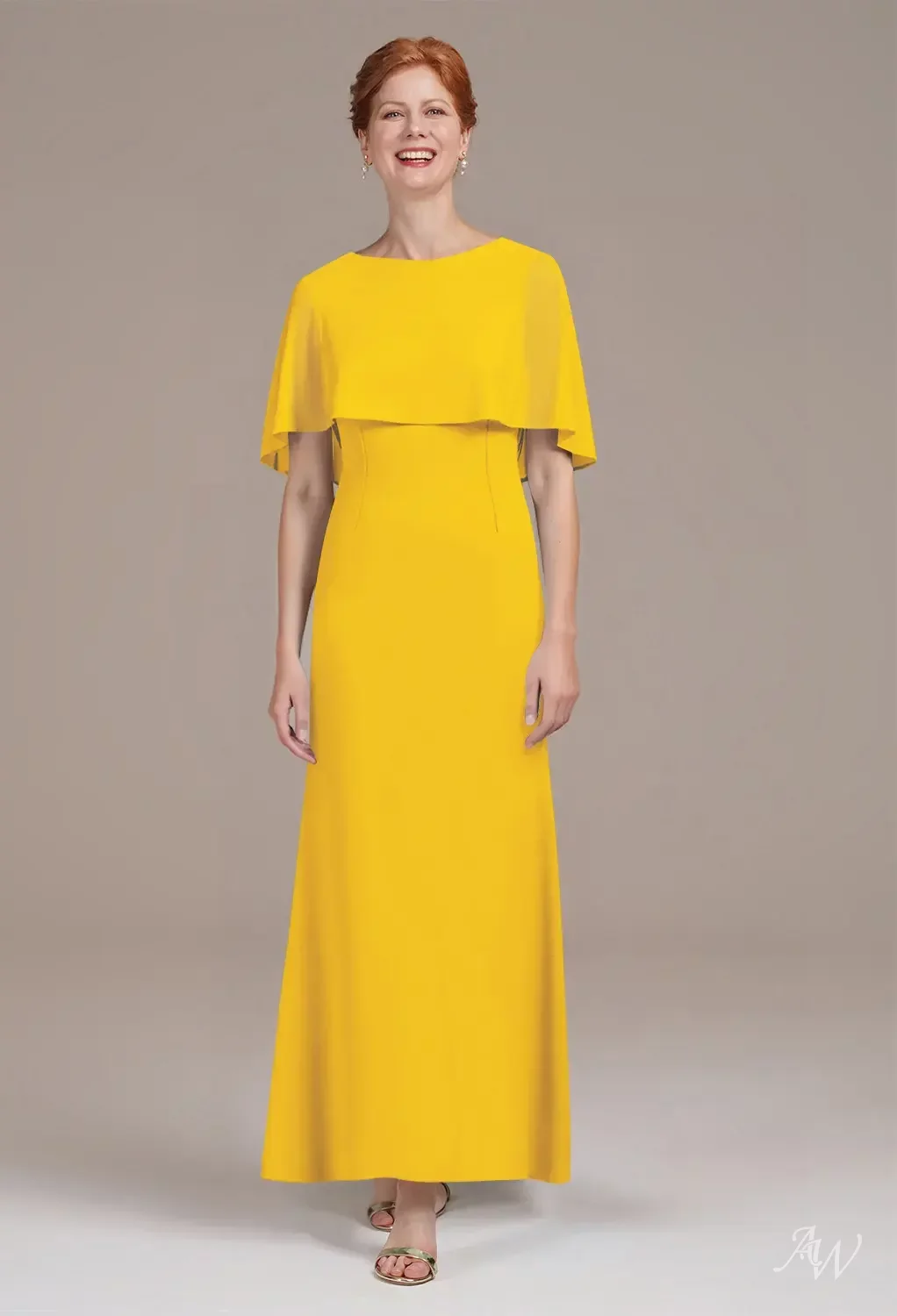 mustard yellow mother of the bride dresses Mustard mother-of-the-bride dress with floral detail and cape sleeves