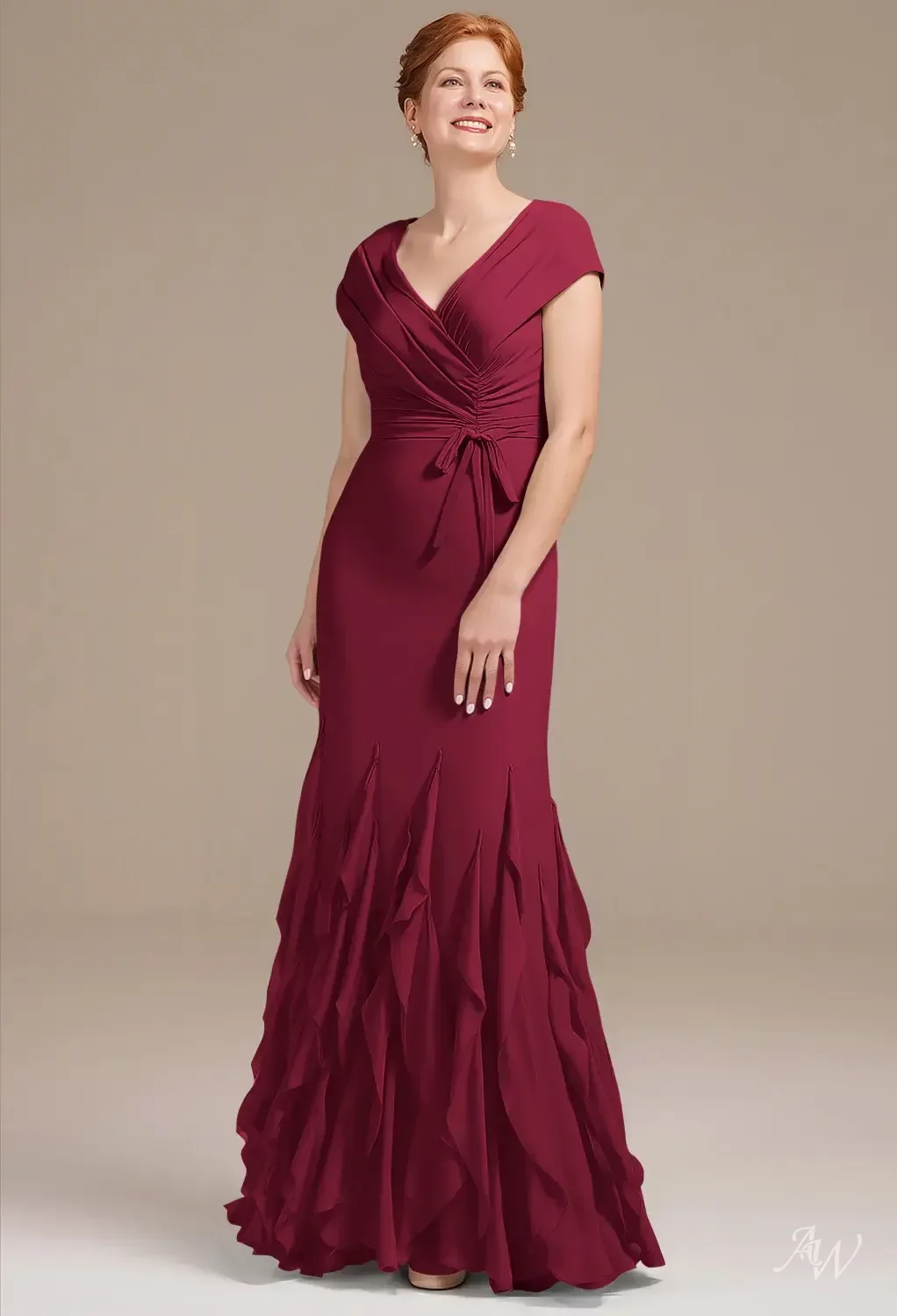 AW.Bridal Mermaid V-Neck Floor Length Short Sleeves Ruching Ruffles Mother of the Bride Dresses Dress Burgundy Size 18