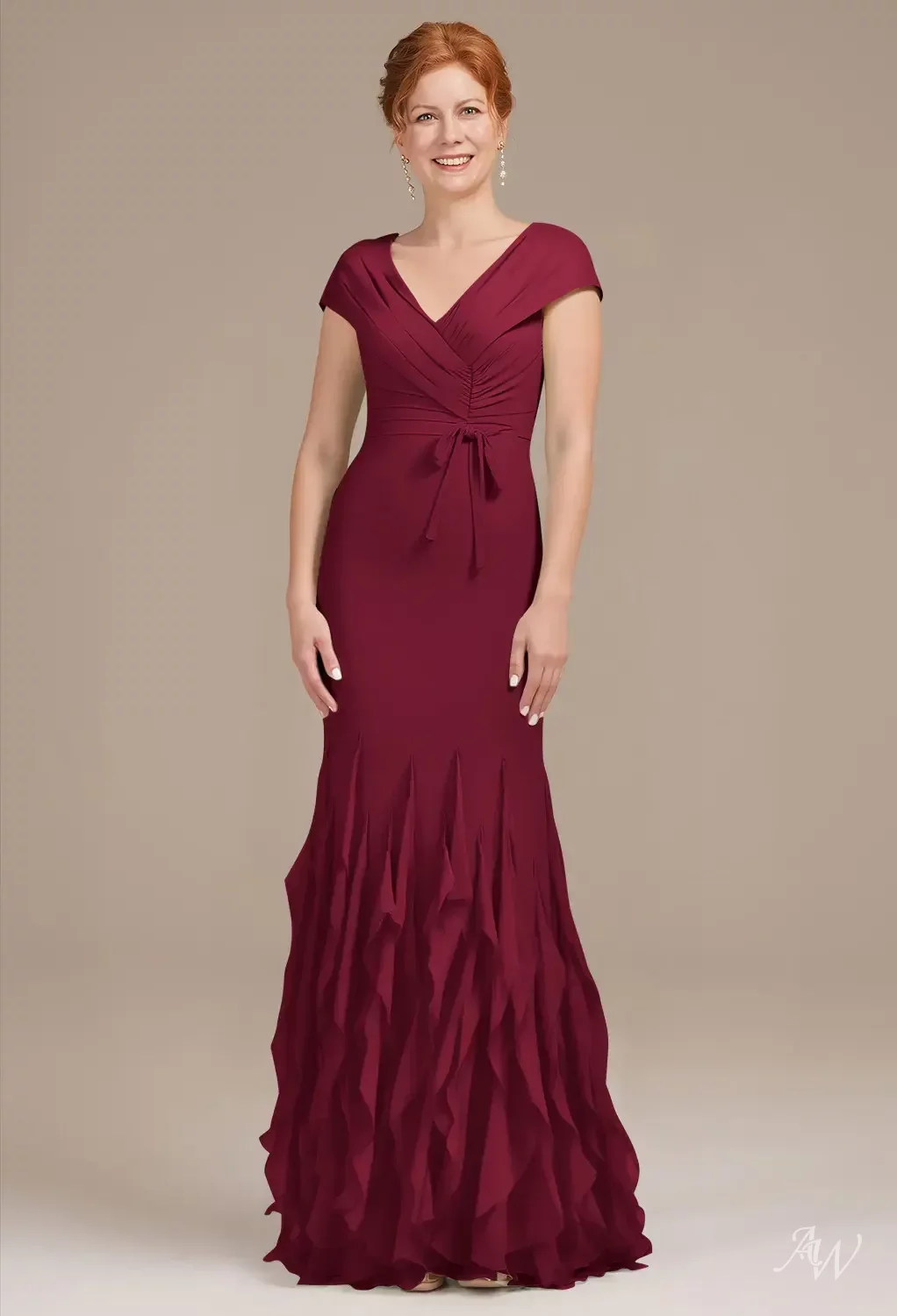 burgundy mother of the groom dresses Cicinia Dress Long Lace A-line Tea Length neck design elongates the neckline Burgundy Mother of the Bride