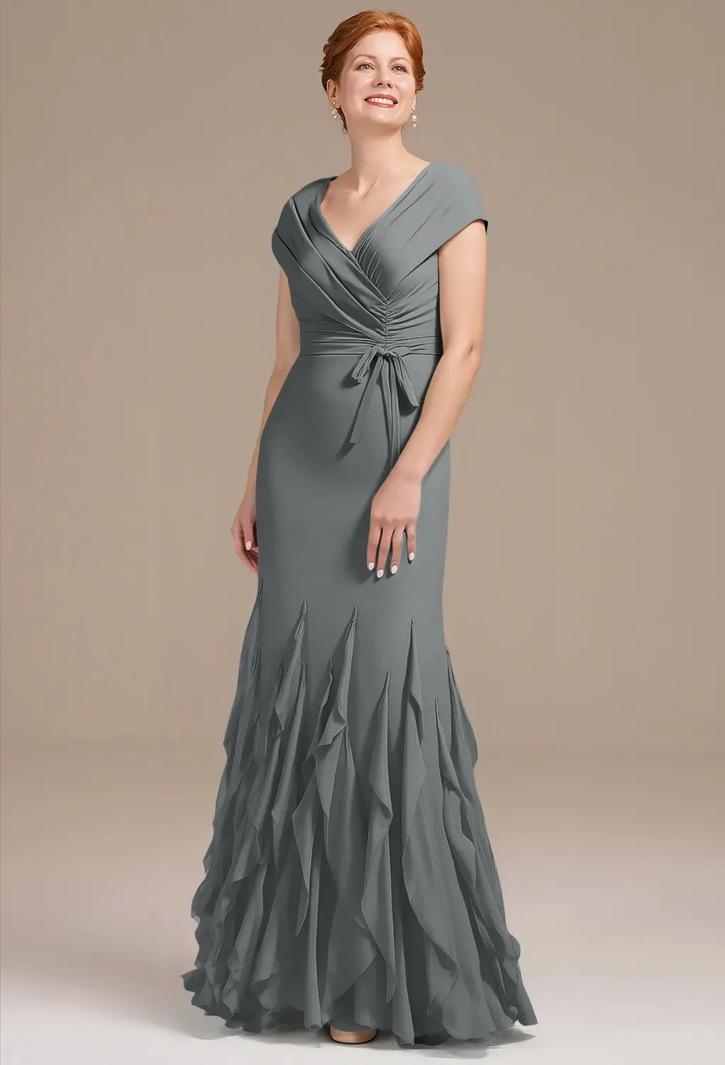 steel grey mother of the bride dresses ZAPAKASA Women Sheath Grey Chiffon Mother of the Bride Dress with Shawl  Scoop Neckline Tea Length Wedding Guest Dress main image 1