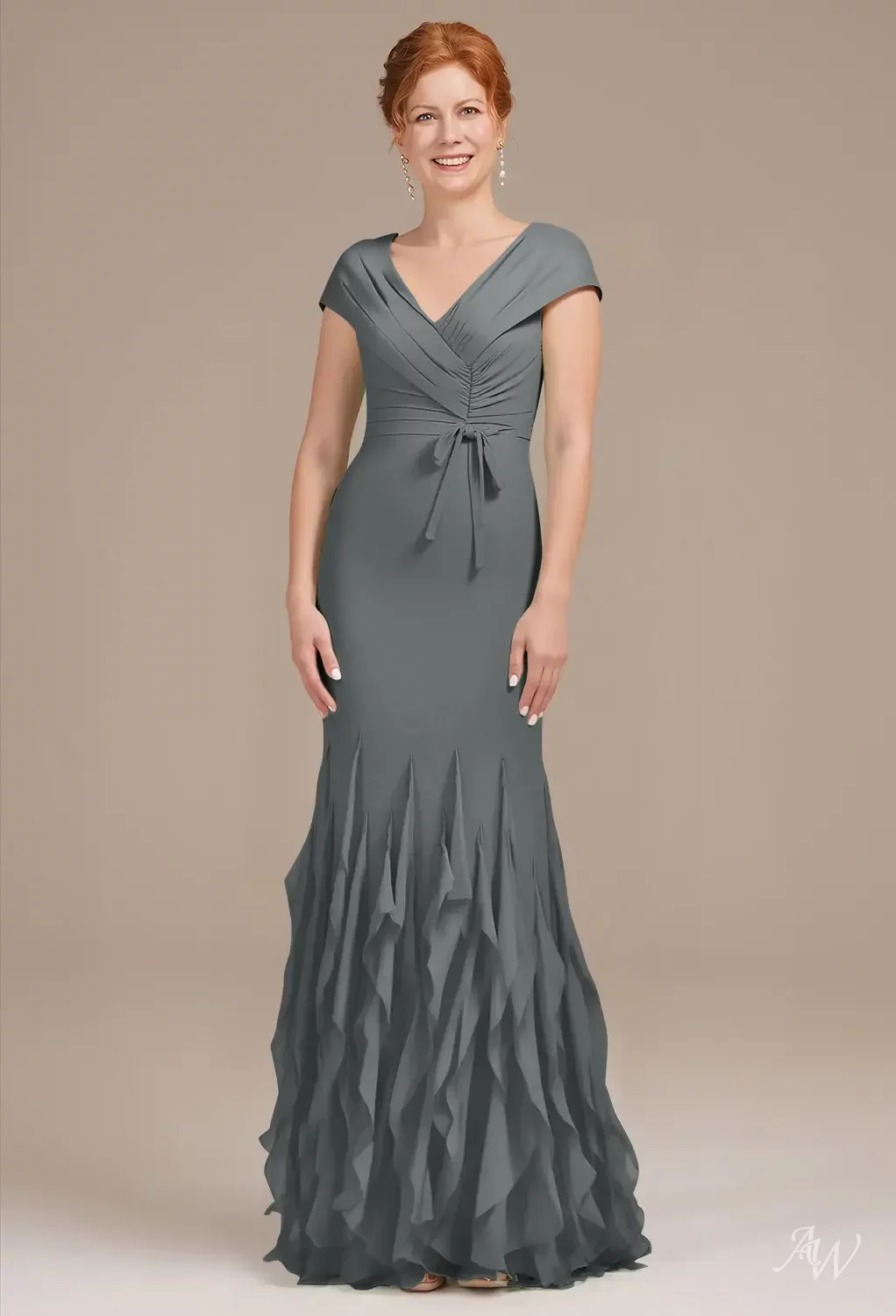 grey mother of the bride dresses AW.Bridal Mermaid V-Neck Floor Length Short Sleeves Ruching Ruffles Dress Steel Gray Size 8 S23look1