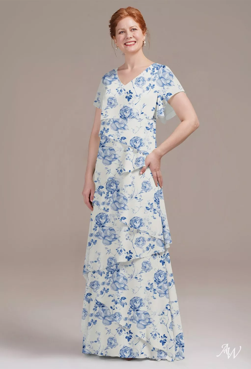 AW.Bridal A-line V-Neck Floor Length Short Sleeves Ruffles Tiered Floral Mother of the Bride Dresses Floral Dress Blue Botanical Floral Size 8