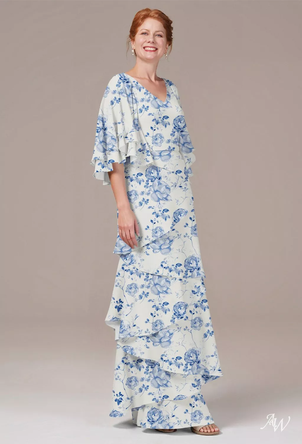 AW.Bridal A-line V-Neck Floor Length Short Sleeves Ruffles Tiered Floral Mother of the Bride Dresses Floral Dress Blue Botanical Floral Size 8