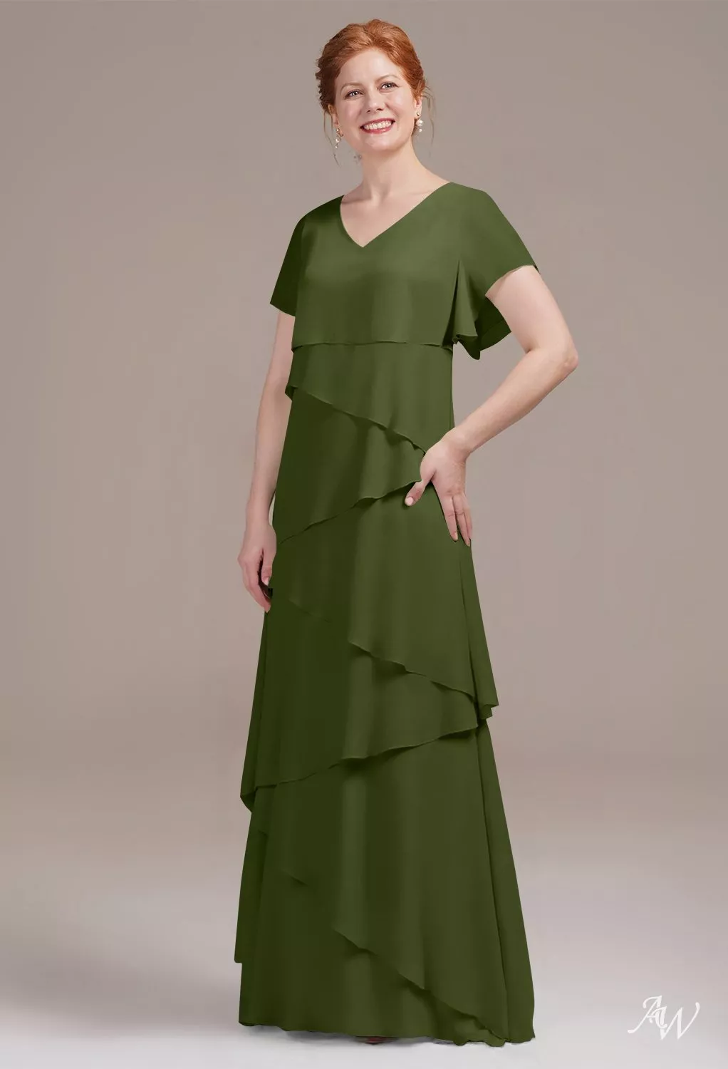 AW.Bridal A-line V-Neck Floor Length Short Sleeves Ruffles Tiered Mother of the Bride Dresses Dress Green Olive Size 18