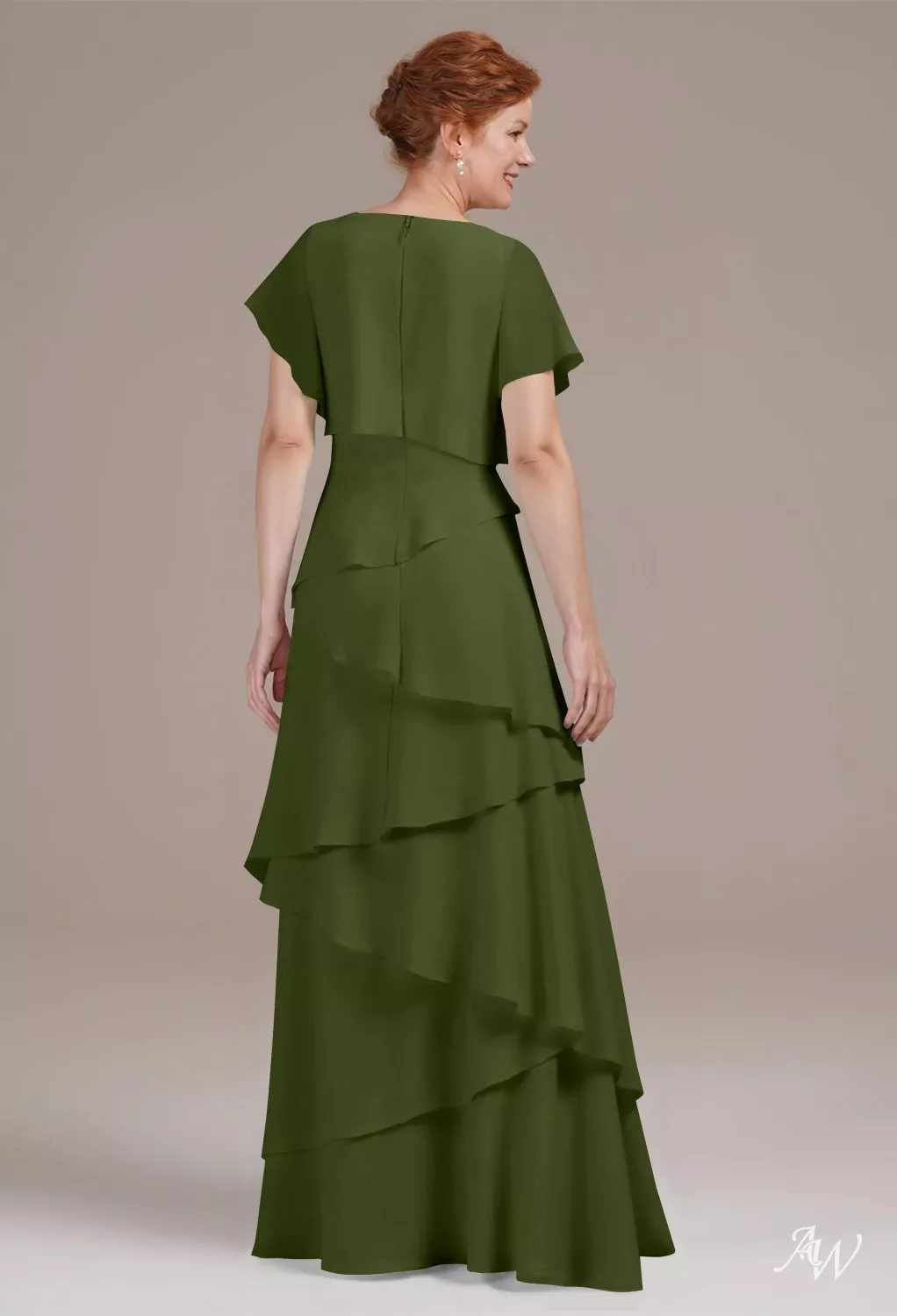 AW.Bridal A-Line V-Neck Floor Length Short Sleeves Ruffles Tiered Mother of The Bride Dresses Dress Green Olive Size 8