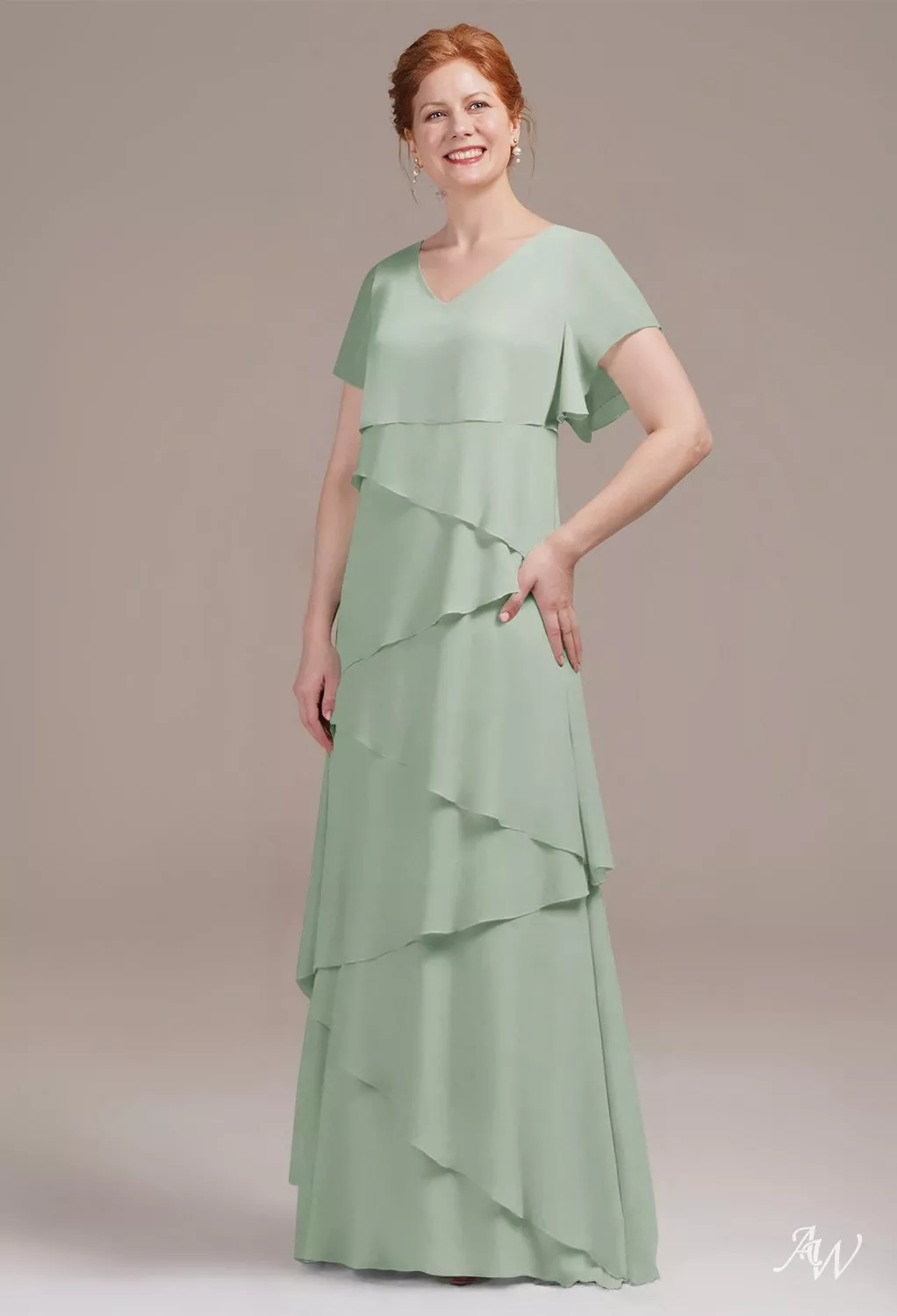 AW.Bridal A-line V-Neck Floor Length Short Sleeves Ruffles Tiered Mother of the Bride Dresses Dress Sage Green Size 8