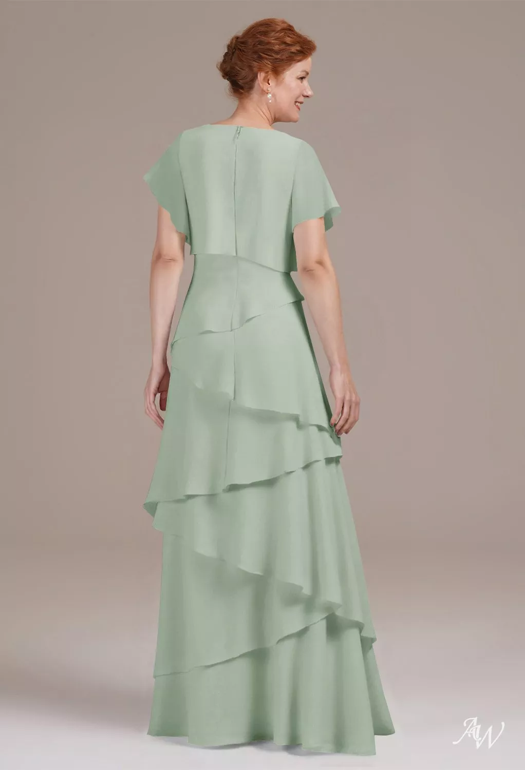 AW.Bridal A-Line V-Neck Floor Length Short Sleeves Ruffles Tiered Mother of The Bride Dresses Dress Sage Green Size 8