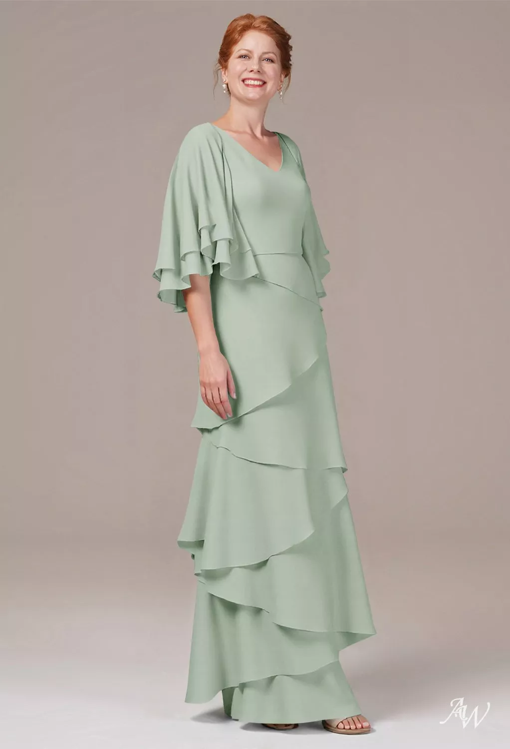 AW.Bridal A-Line V-Neck Floor Length Short Sleeves Ruffles Tiered Mother of The Bride Dresses Dress Sage Green Size 8