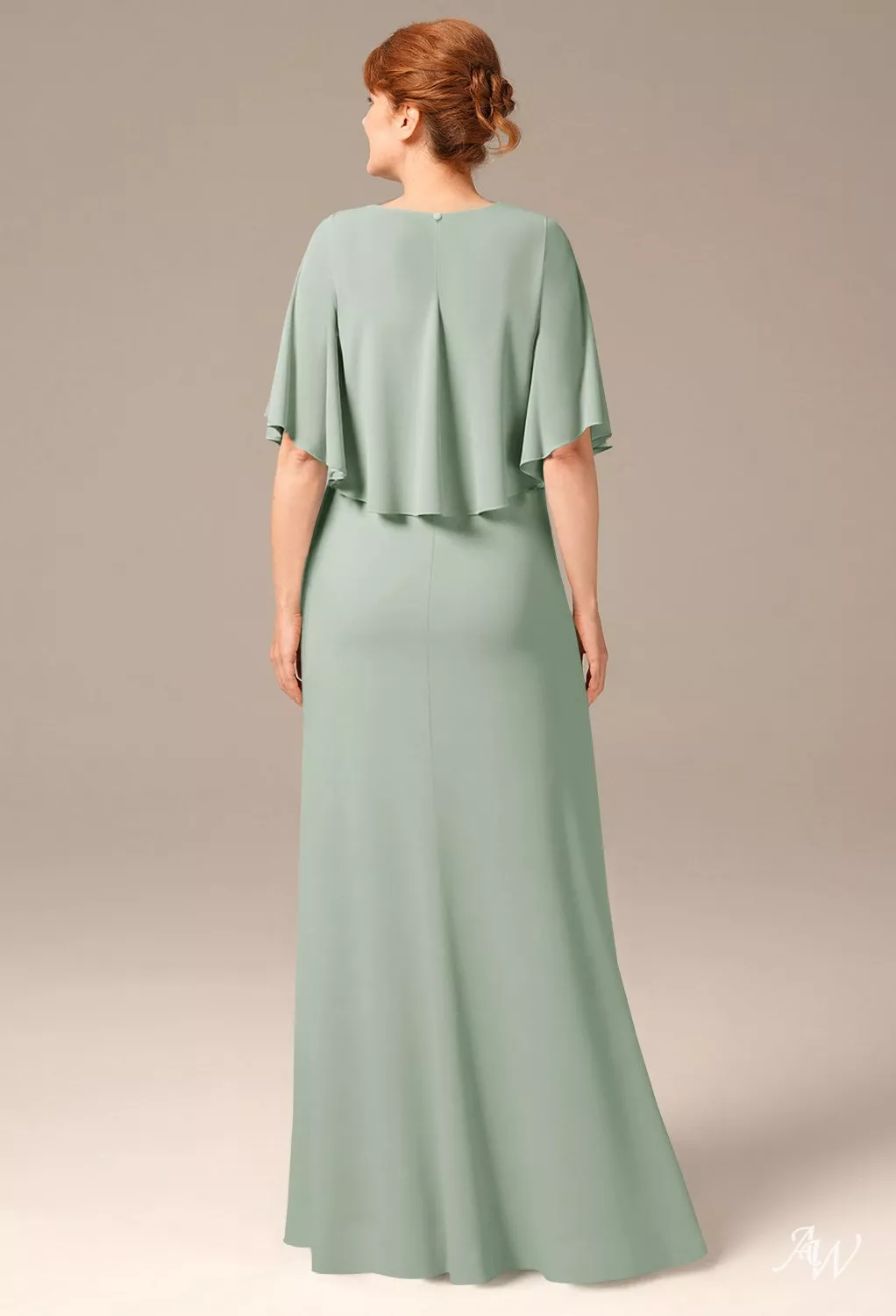 AW.Bridal A-line Bateau Neckline Floor Length Short Sleeves Ruffles Mother of the Bride Dresses Dress Sage Green Size 8