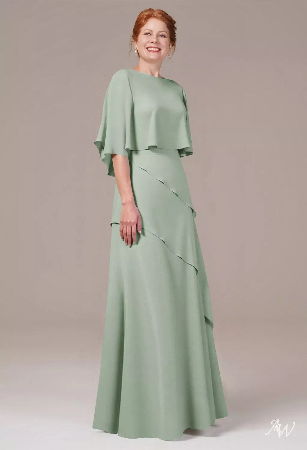 mother of the bride dresses sage green GLS Collective GL3838 Beaded Cape Sleeve Mother of the Bride Dress SAGE / S