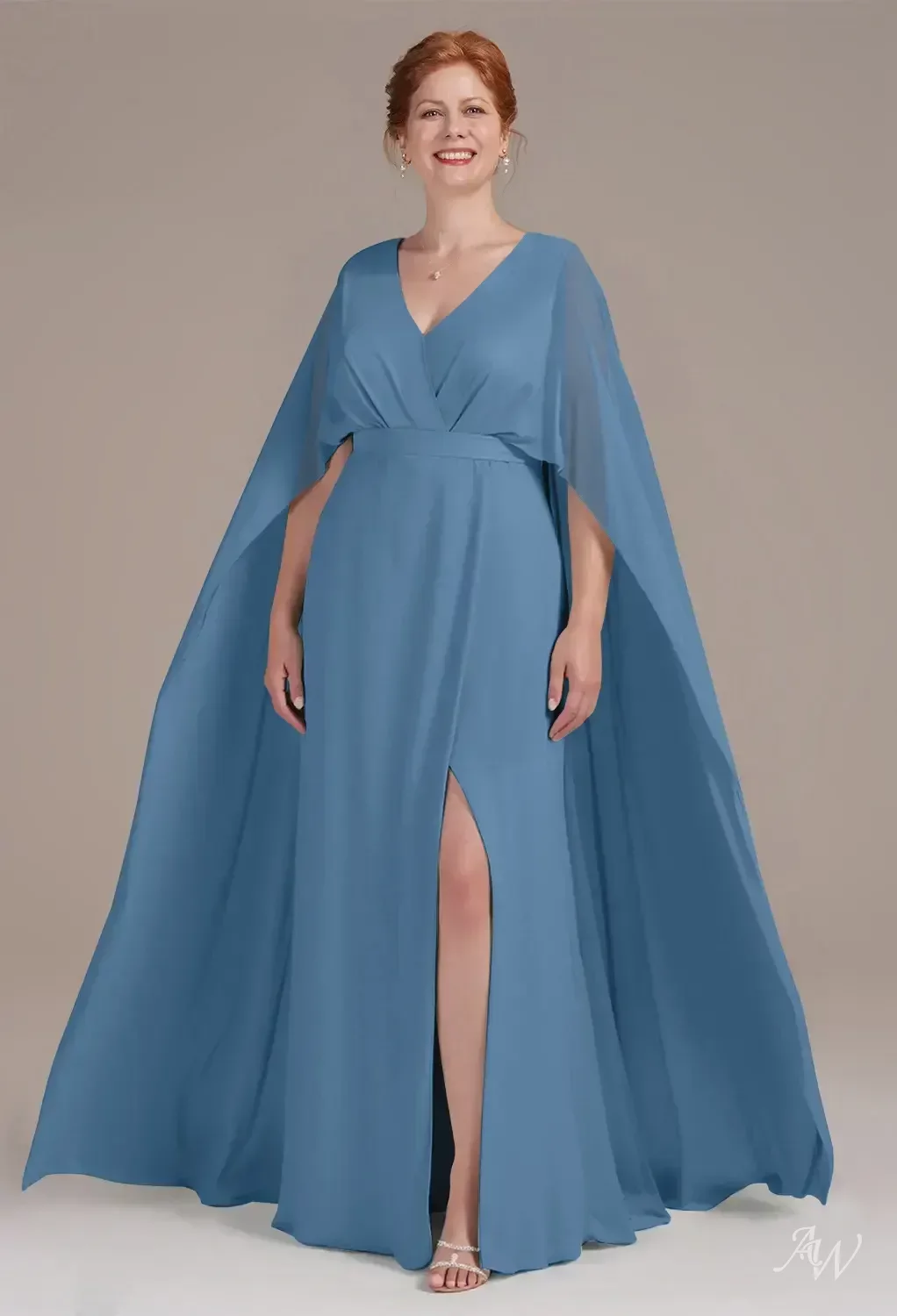 AW.Bridal A-line V-Neck Floor Length 3/4 Sleeves Mother of the Bride Dresses Dress Dusty Blue Size 18