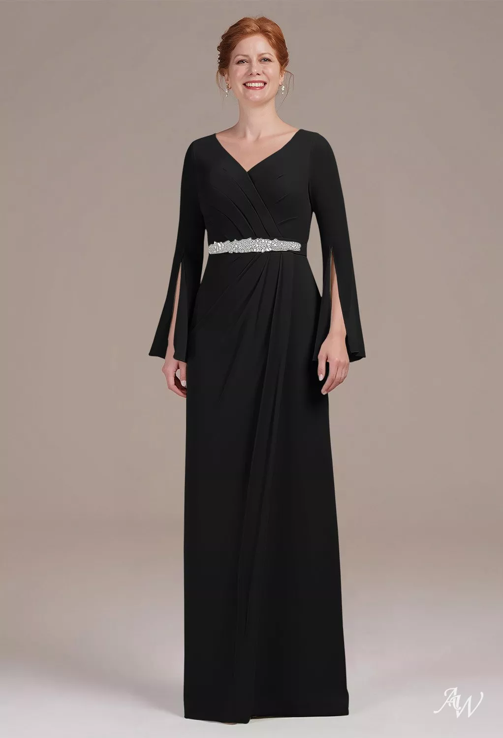 AW.Bridal A-Line V-Neck Floor Length Long Sleeves Appliques Beading Ruching Mother of The Bride Dresses Dress Black Size 18