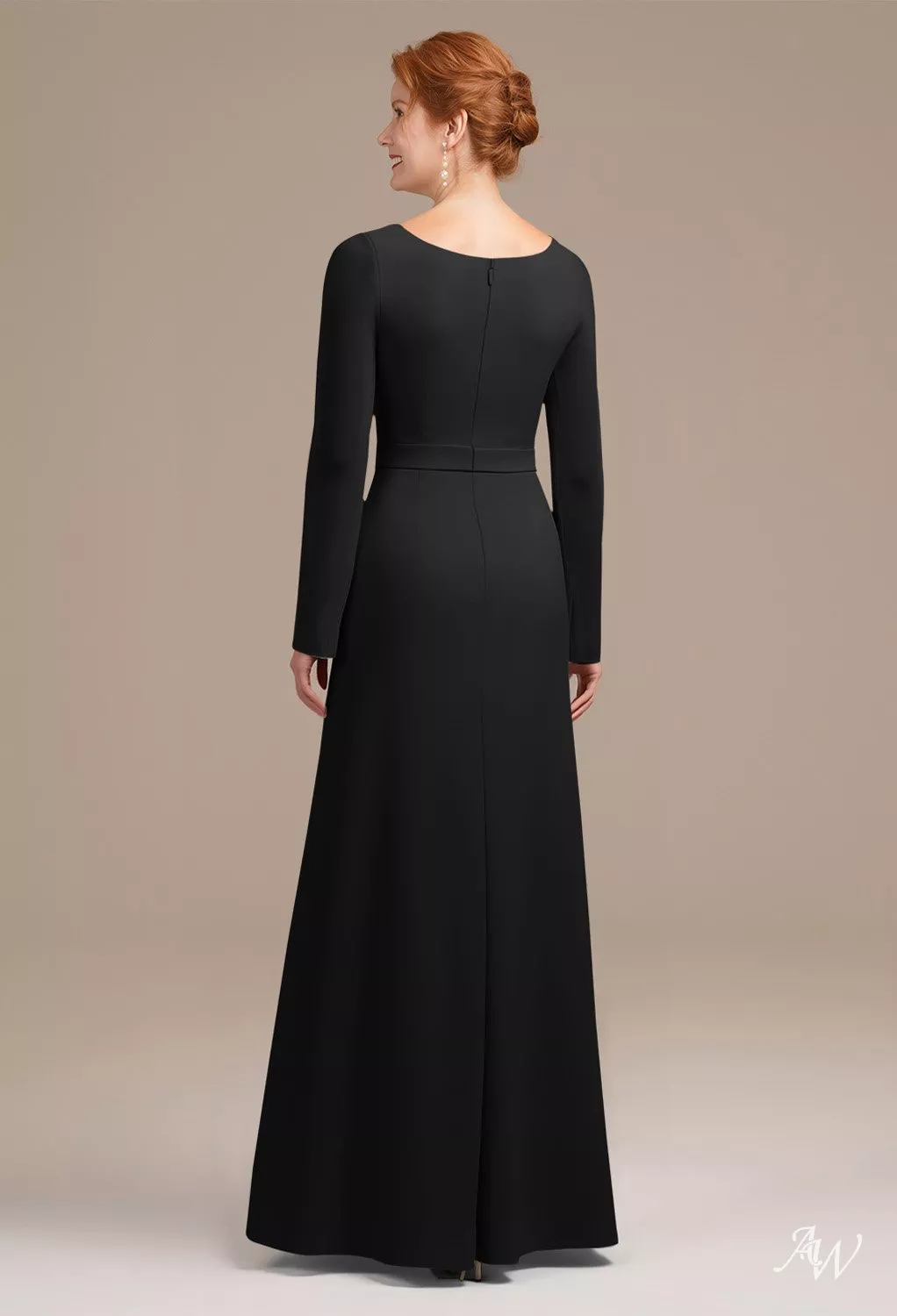 AW.Bridal A-line V-Neck Floor Length Long Sleeves Appliques Beading Ruching Mother of the Bride Dresses Dress Black Size 18