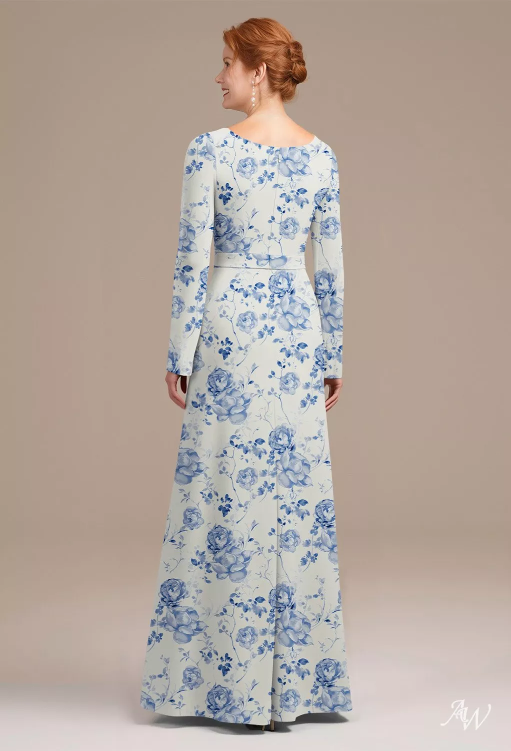 AW.Bridal A-line V-Neck Long Sleeves Appliques Beading Ruching Floral Mother of the Bride Dresses Floral Dress Blue Botanical Floral Size 18