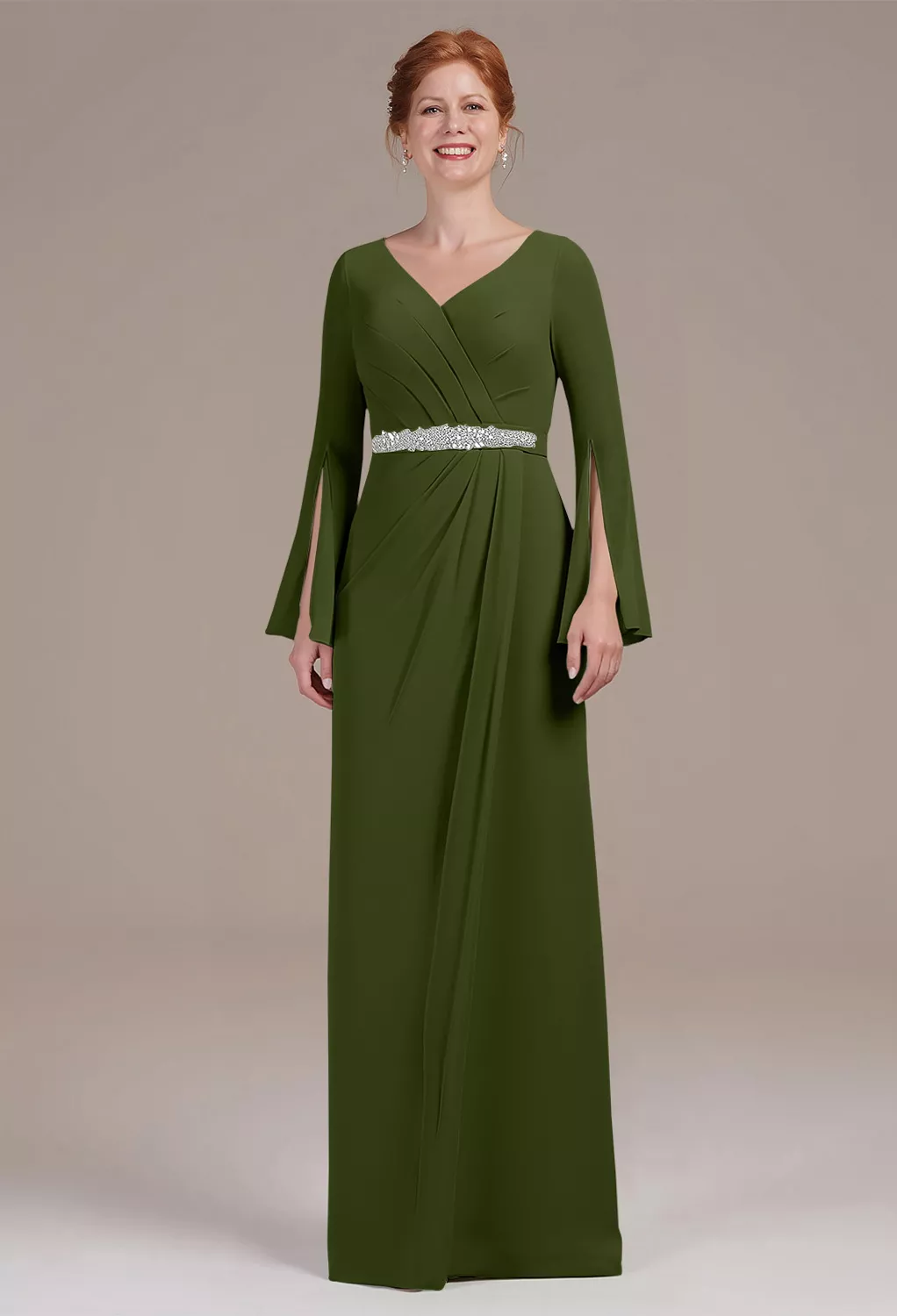 olive green mother of the bride dress with sleeves Womens Olive Mother Of The Bride Formal Evening Long V Neck Short Sleeve  A-Line Plus Size Dress