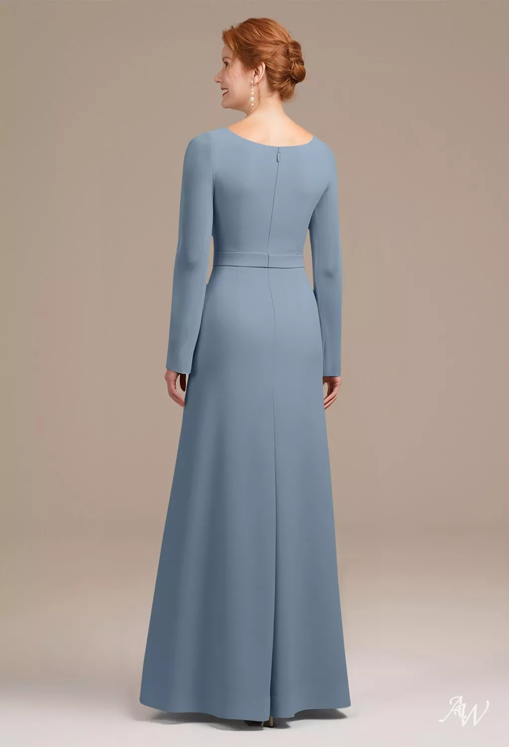 AW.Bridal A-line V-Neck Floor Length Long Sleeves Appliques Beading Ruching Mother of the Bride Dresses Dress Light Dusty Blue Size 8