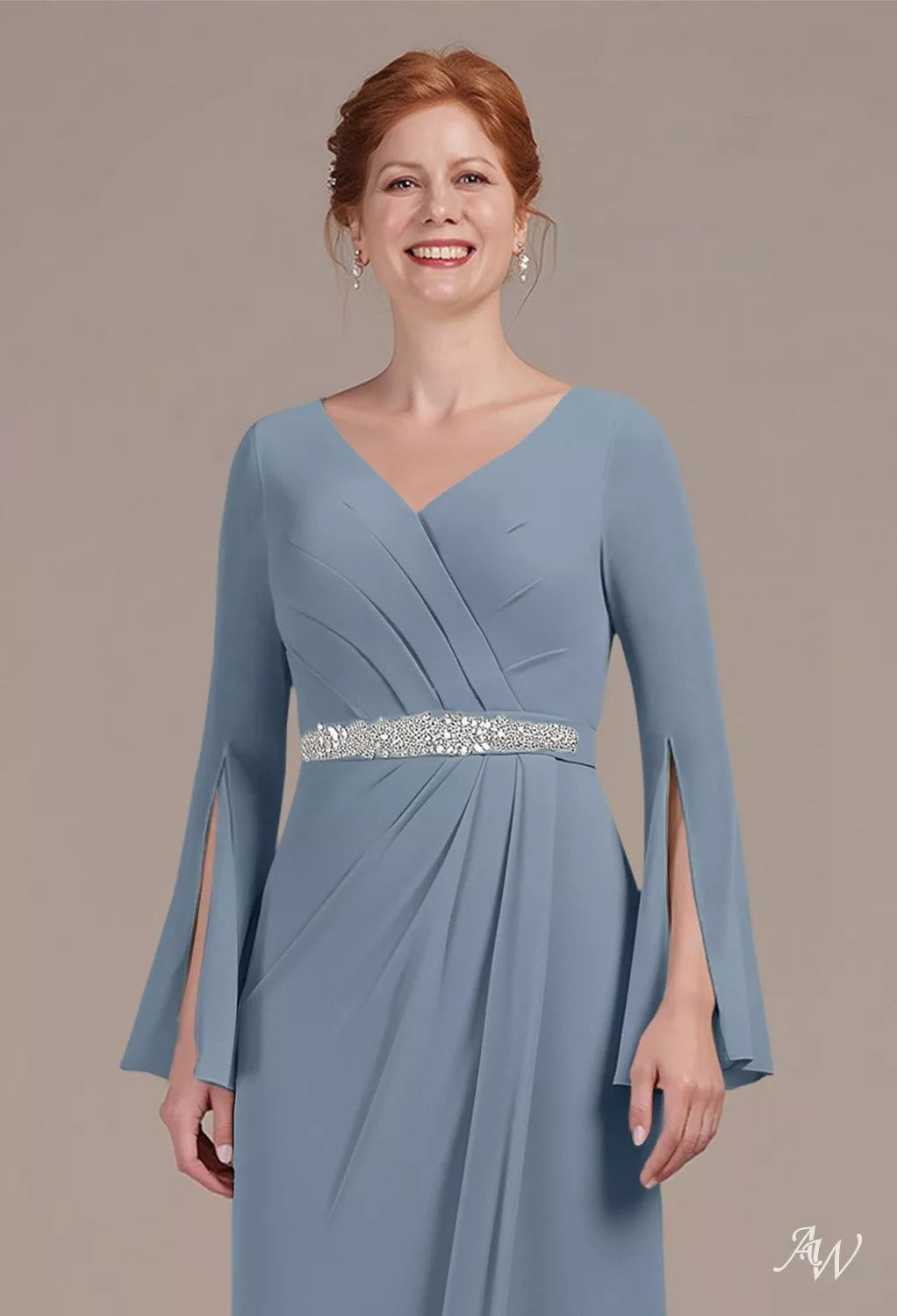 AW.Bridal A-line V-Neck Floor Length Long Sleeves Appliques Beading Ruching Mother of the Bride Dresses Dress Light Dusty Blue Size 8
