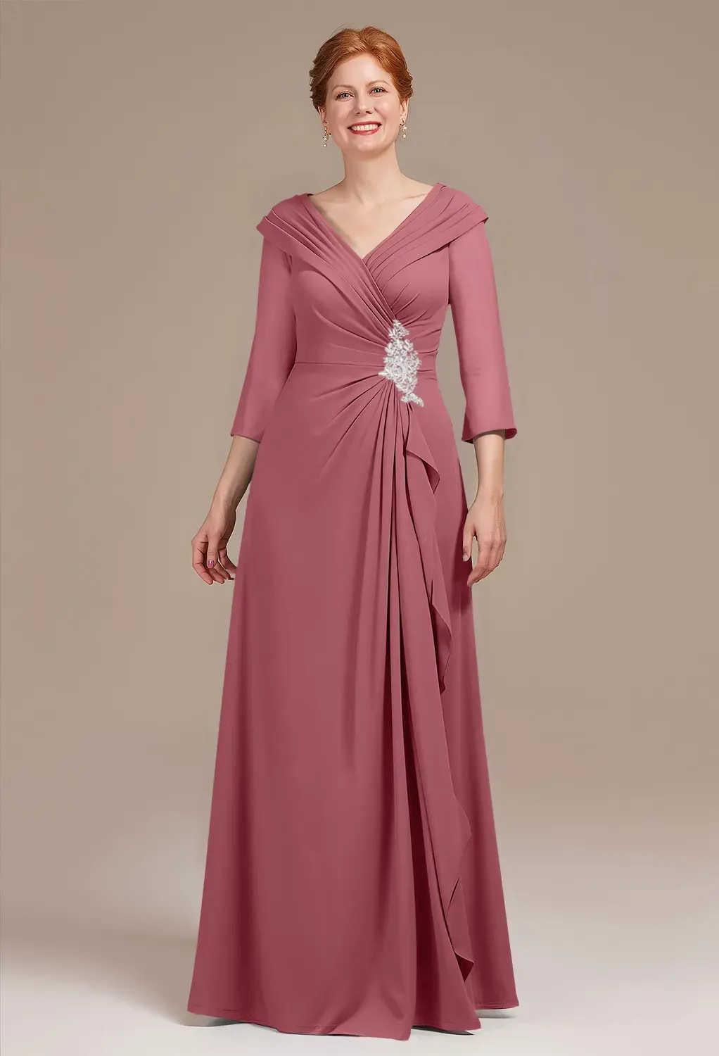 slim fit dress slacks Rose Gold Boat Neck Chiffon One Shoulder Shawl Mother of Bride Dress main image 0