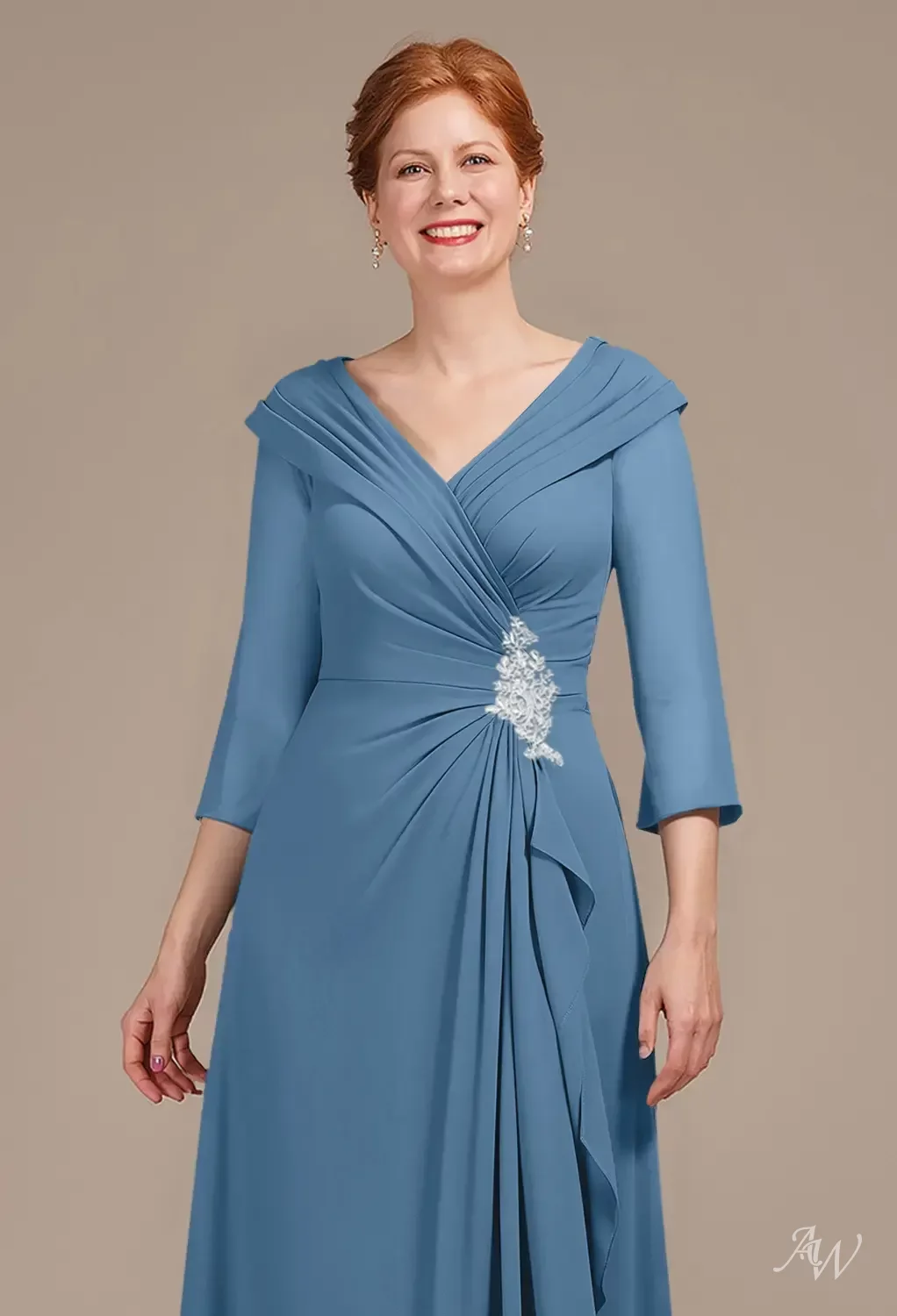blue mother of the bride dresses Dusty Blue Scoop Neck Short Sleeves Mother of The Bride Dresses with Lace Appliques main image 1