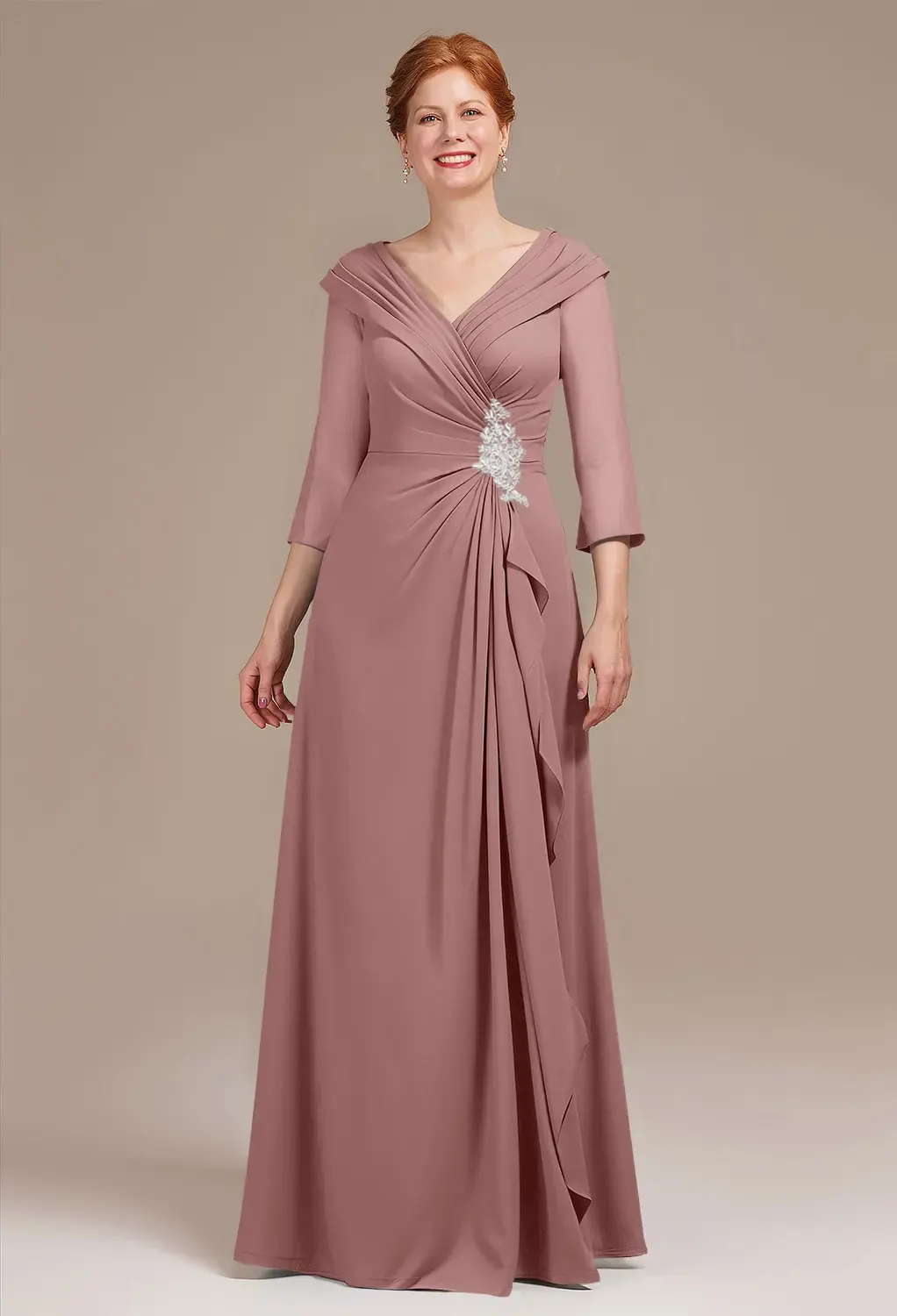 open lace back dress Pink Formal Dresses Long Sleeve Modest Mother of The Bride Dresses APD3443