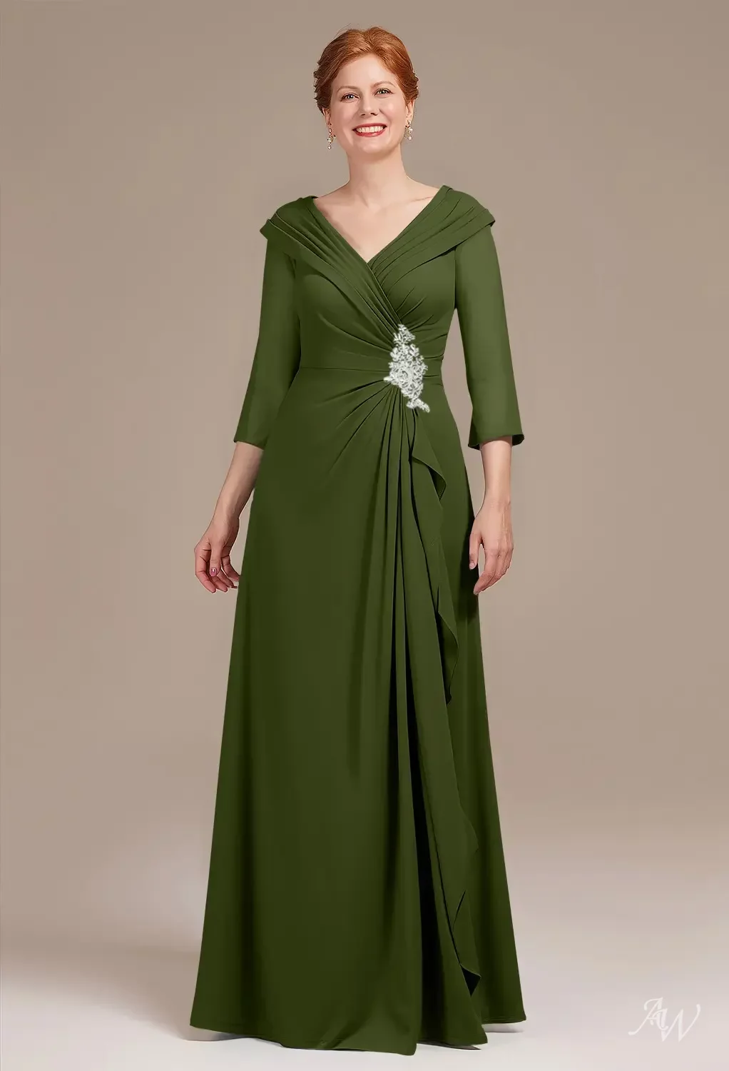 AW.Bridal A-line V-Neck Floor Length Long Sleeves Appliques Beading Ruffles Mother of the Bride Dresses Dress Green Olive Size 18
